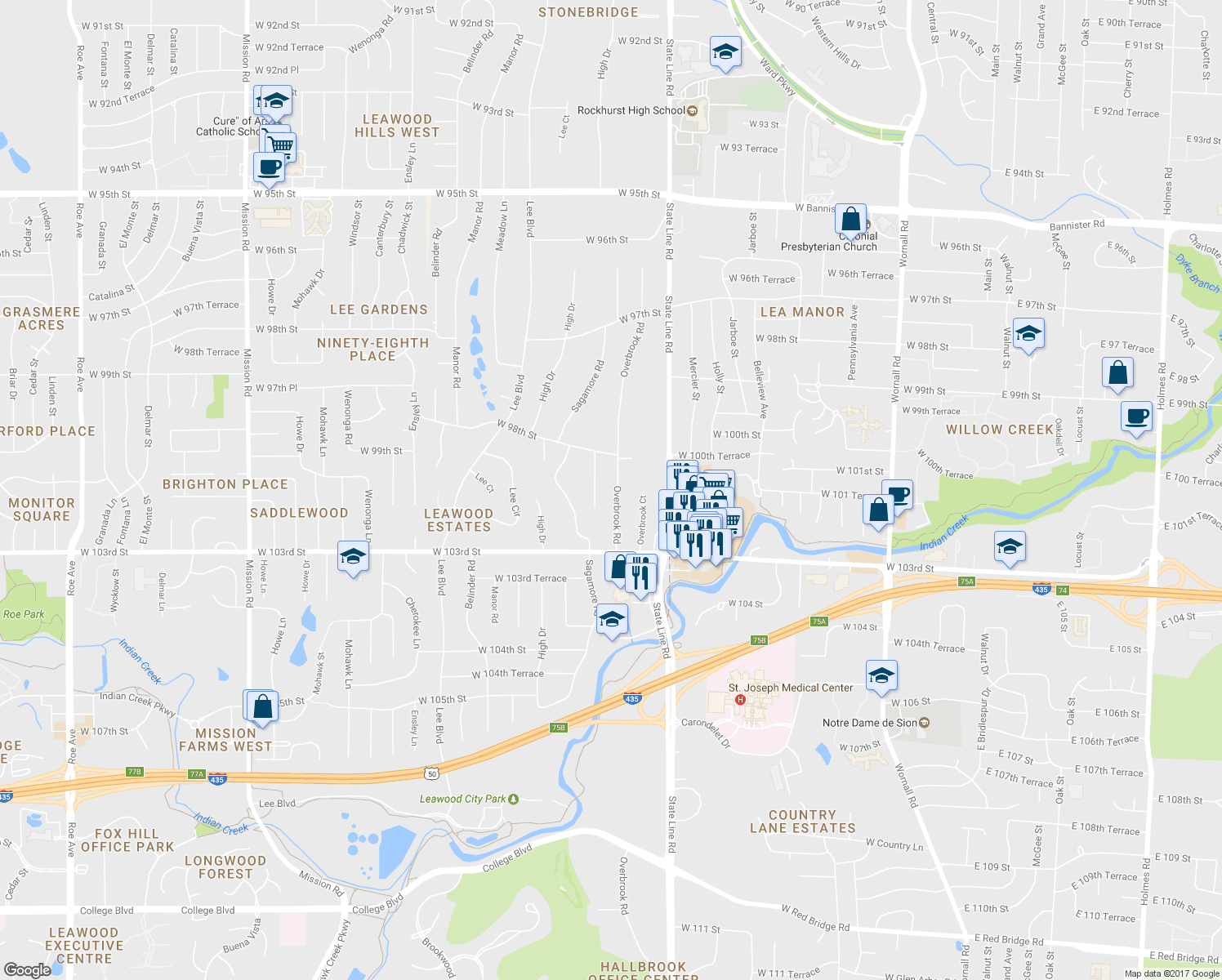 map of restaurants, bars, coffee shops, grocery stores, and more near 9818 Overbrook Road in Leawood