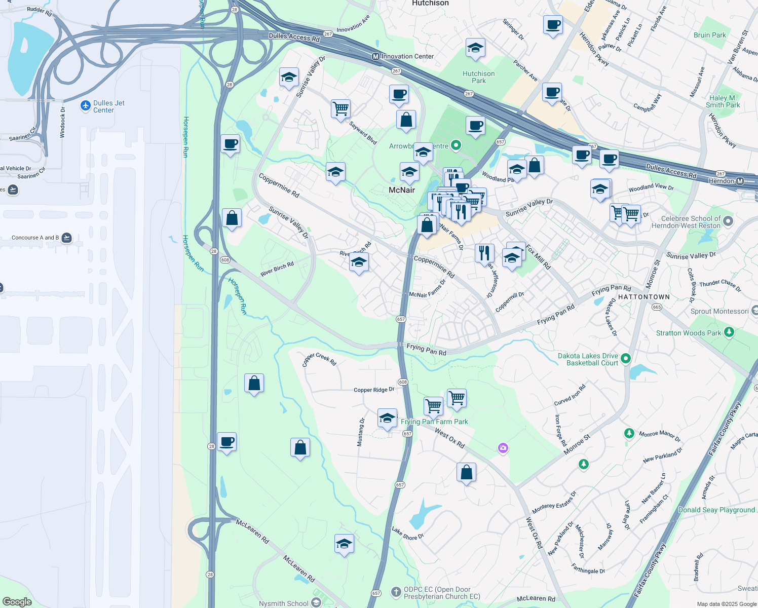 map of restaurants, bars, coffee shops, grocery stores, and more near 13606 Red Squirrel Way in Herndon