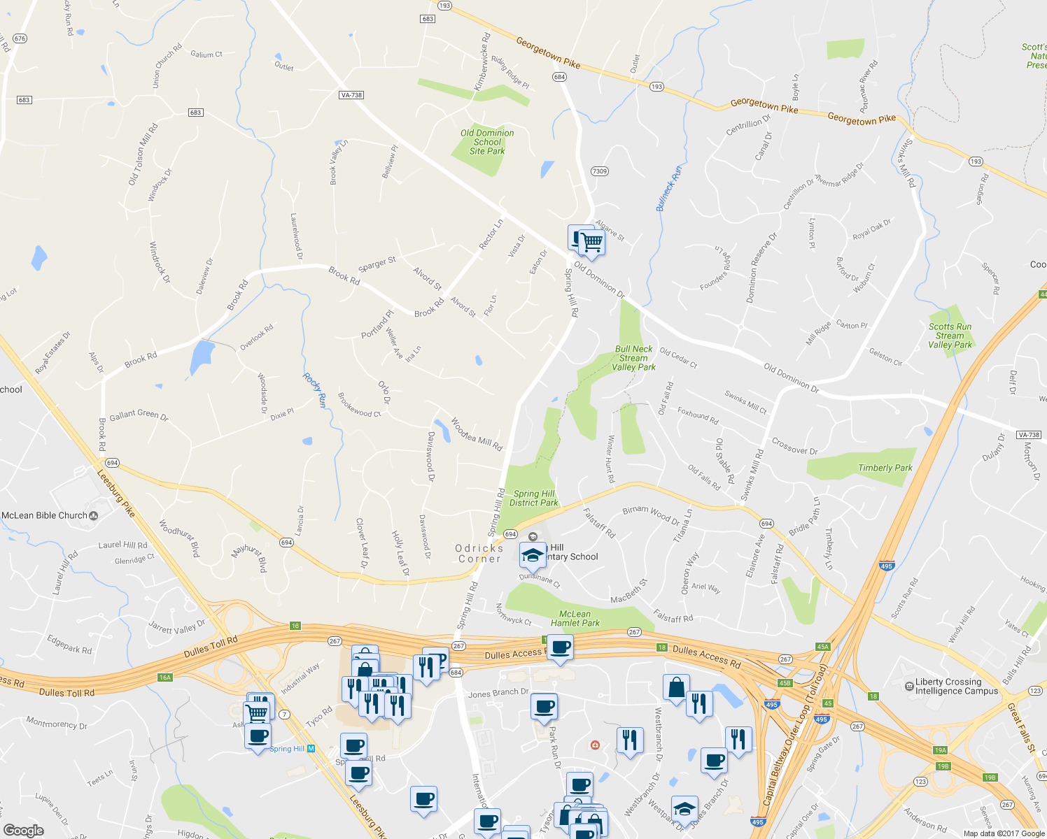 map of restaurants, bars, coffee shops, grocery stores, and more near 1208 Chadsworth Court in McLean