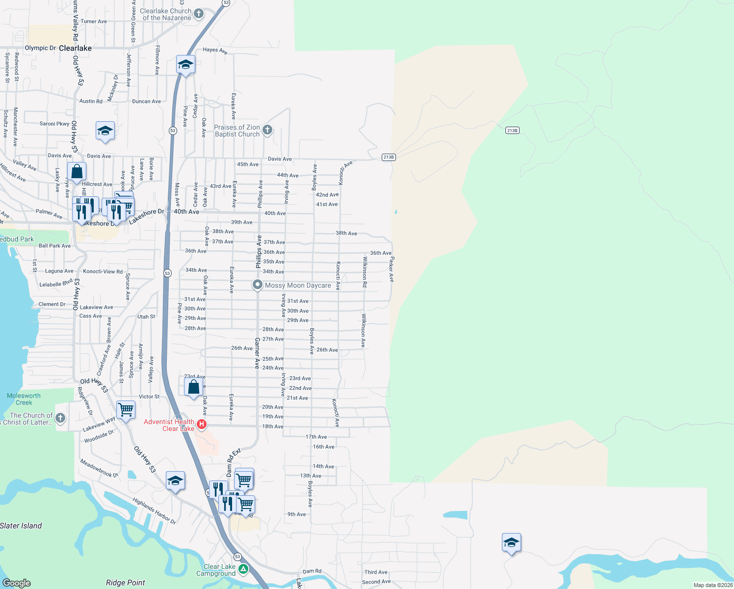 map of restaurants, bars, coffee shops, grocery stores, and more near 16371 32nd Avenue in Clearlake