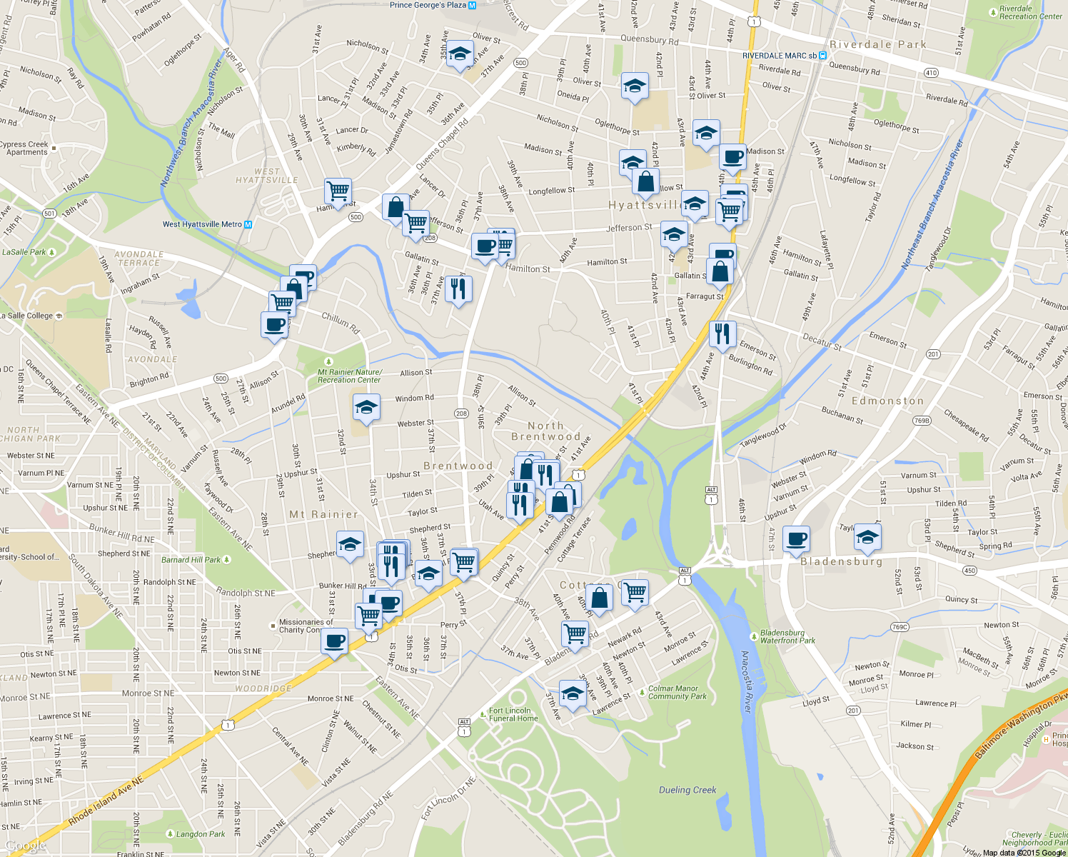 map of restaurants, bars, coffee shops, grocery stores, and more near 3915 Windom Road in North Brentwood