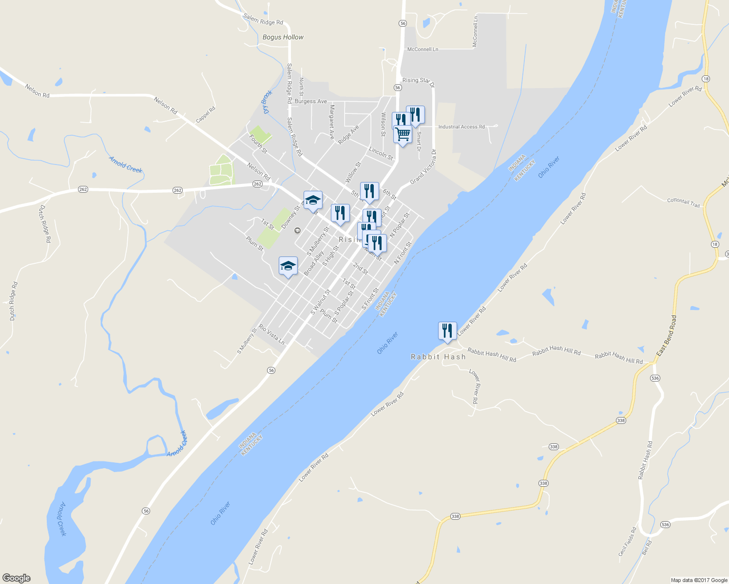 map of restaurants, bars, coffee shops, grocery stores, and more near 110 1st Street in Rising Sun