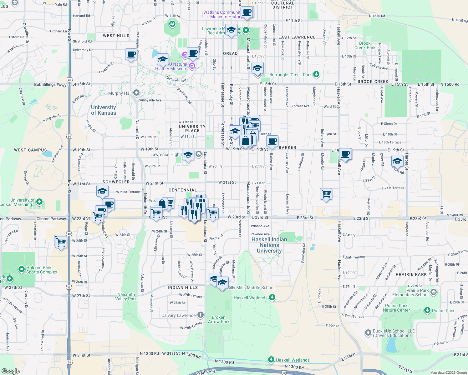 map of restaurants, bars, coffee shops, grocery stores, and more near 2112 Kentucky Street in Lawrence