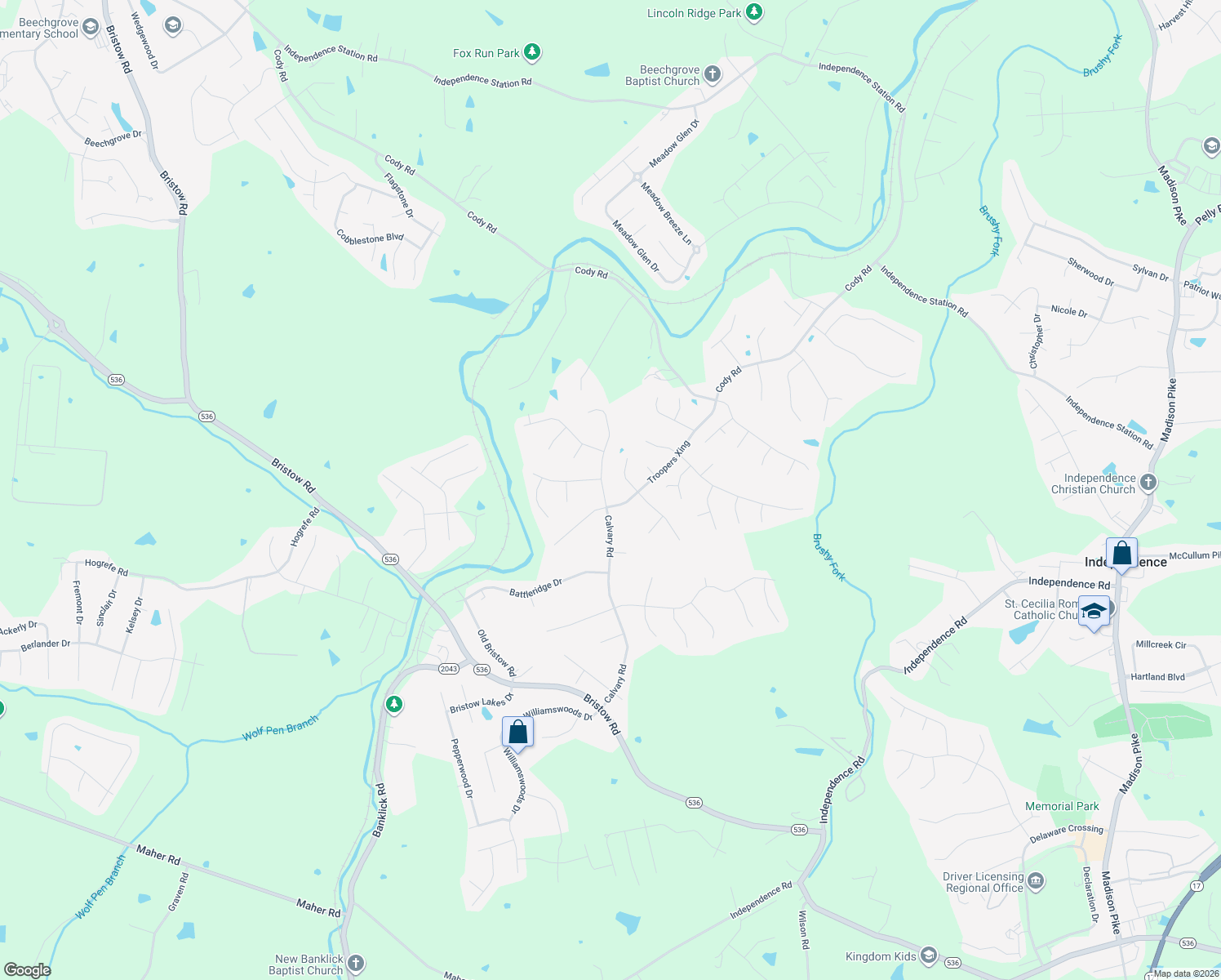 map of restaurants, bars, coffee shops, grocery stores, and more near 10319 Calvary Rd in Independence