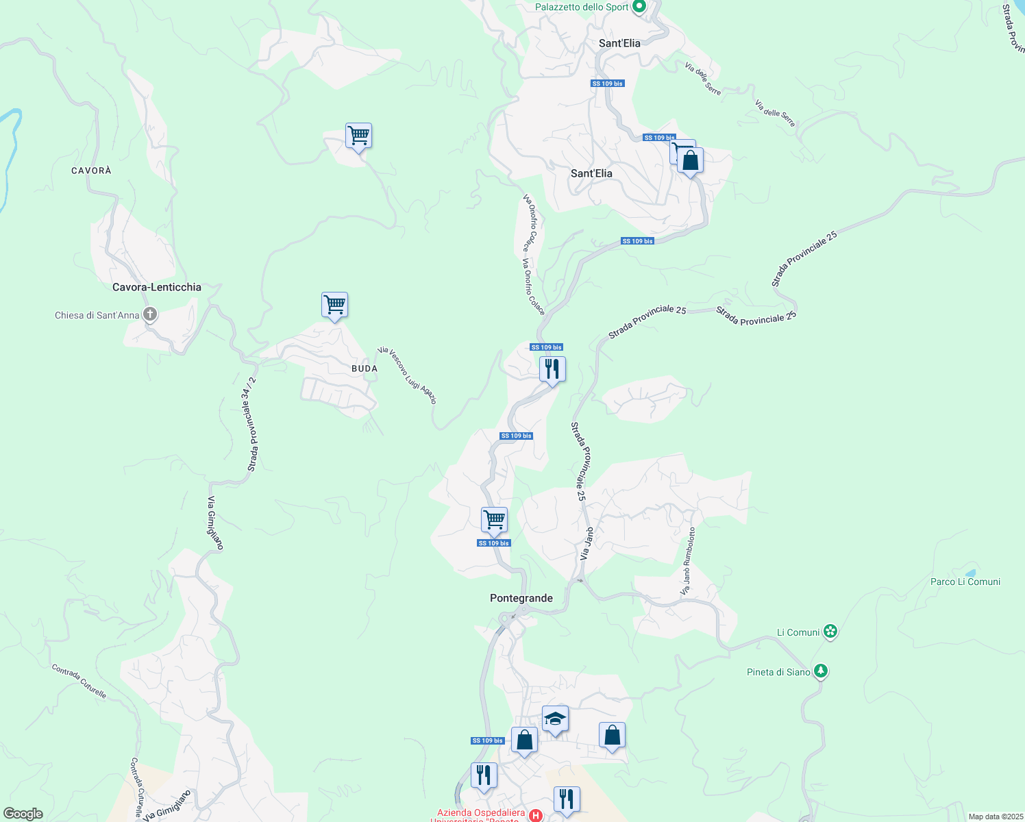 map of restaurants, bars, coffee shops, grocery stores, and more near Strada Statale 109bis in Catanzaro