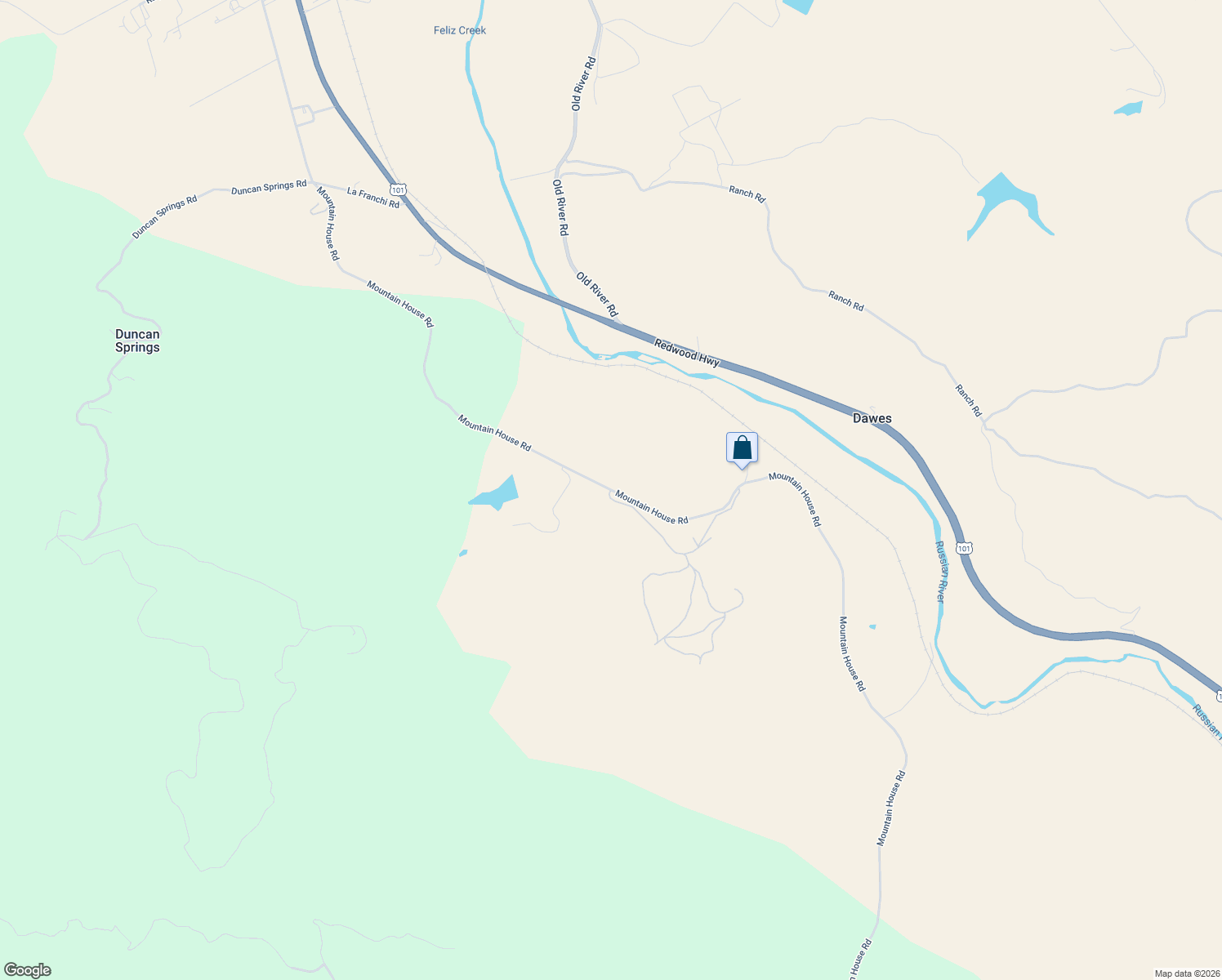 map of restaurants, bars, coffee shops, grocery stores, and more near 15690 Mountain House Road in Hopland