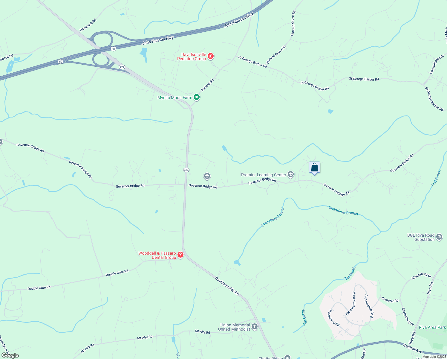 map of restaurants, bars, coffee shops, grocery stores, and more near 1078 Governor Bridge Road in Davidsonville