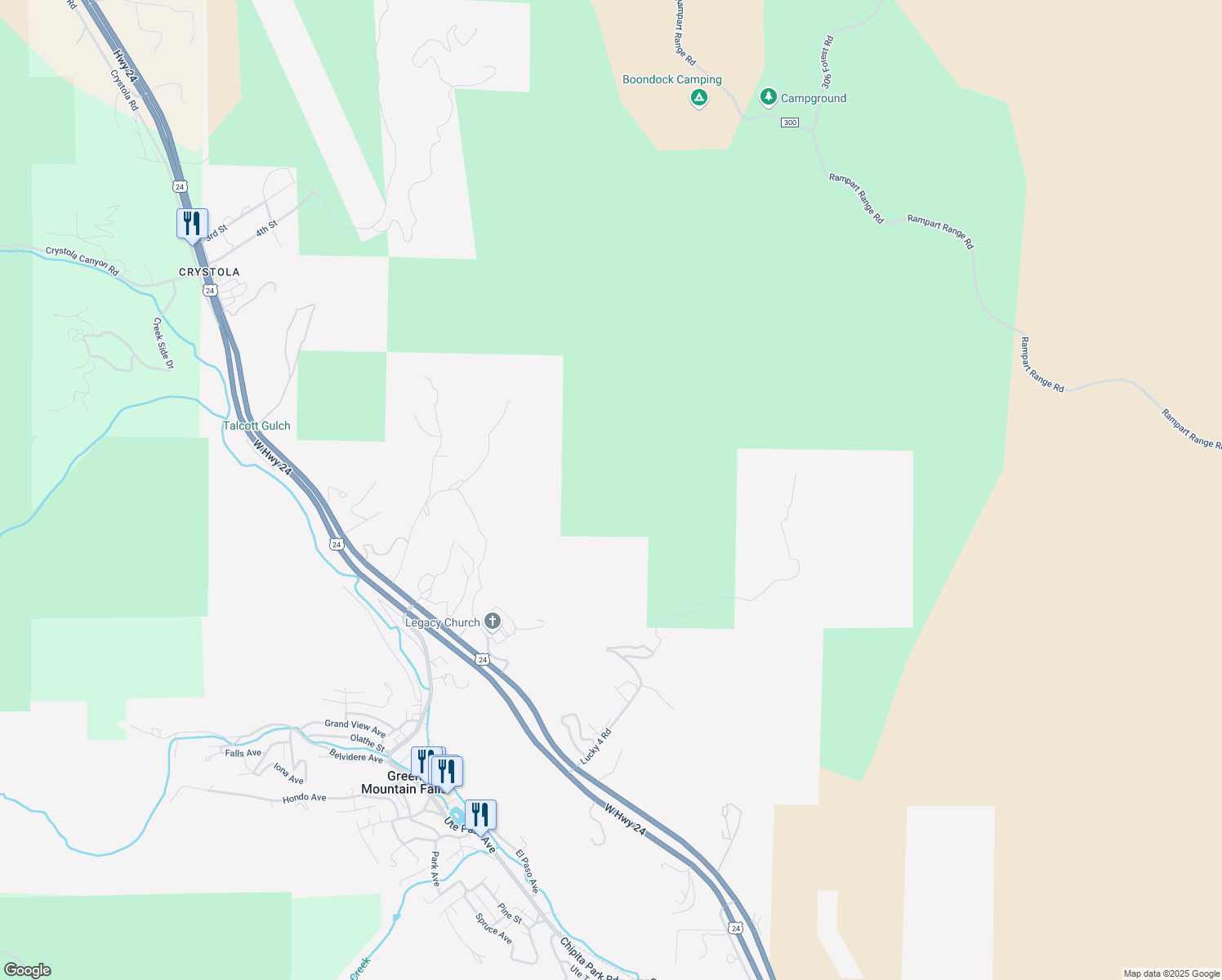 map of restaurants, bars, coffee shops, grocery stores, and more near in Green Mountain Falls