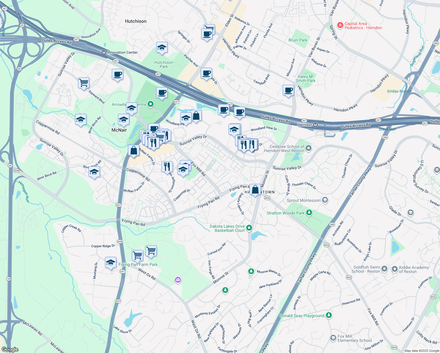 map of restaurants, bars, coffee shops, grocery stores, and more near 2422 cypress Green Lane in Herndon