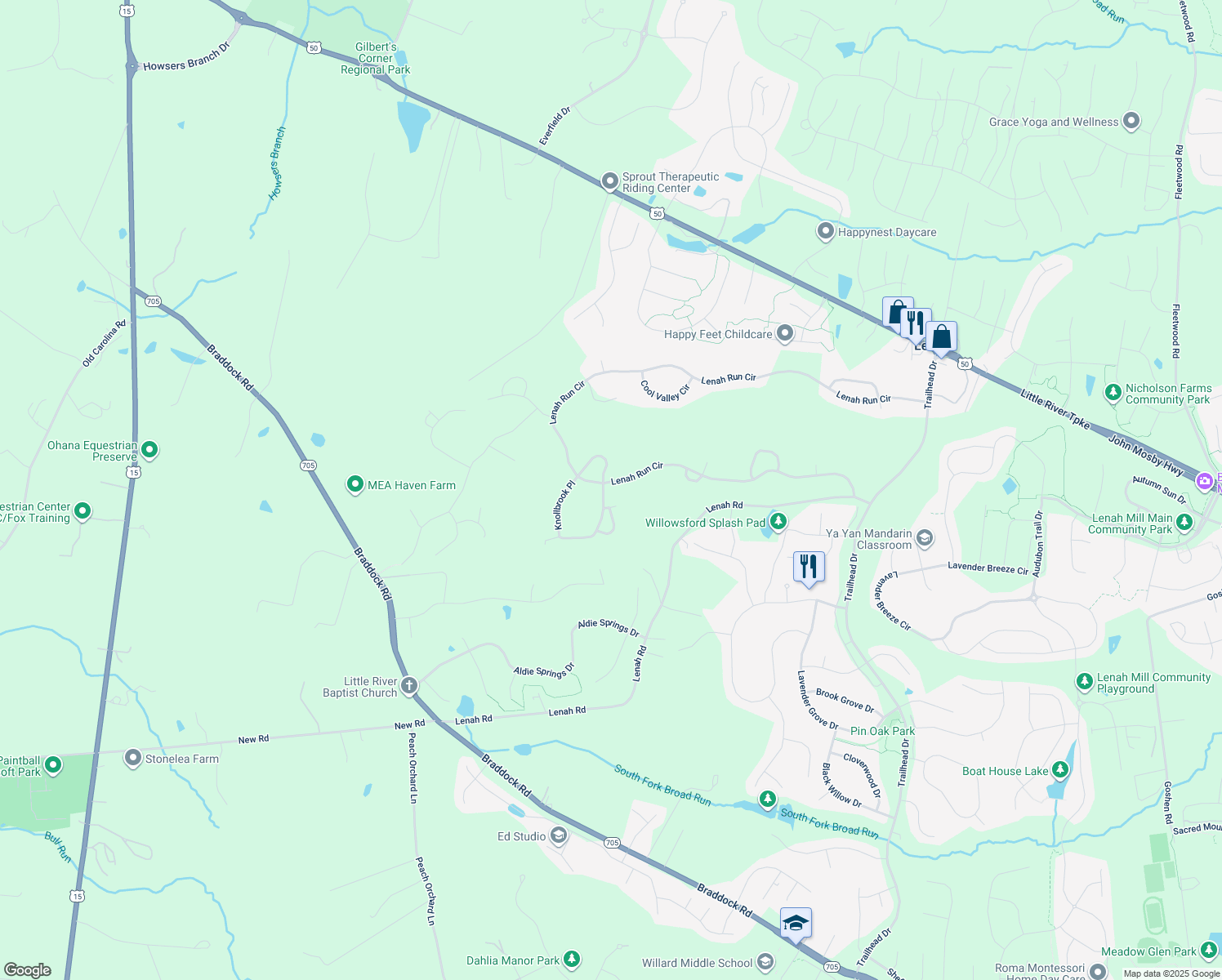 map of restaurants, bars, coffee shops, grocery stores, and more near 40538 Lenah Run Circle in Aldie