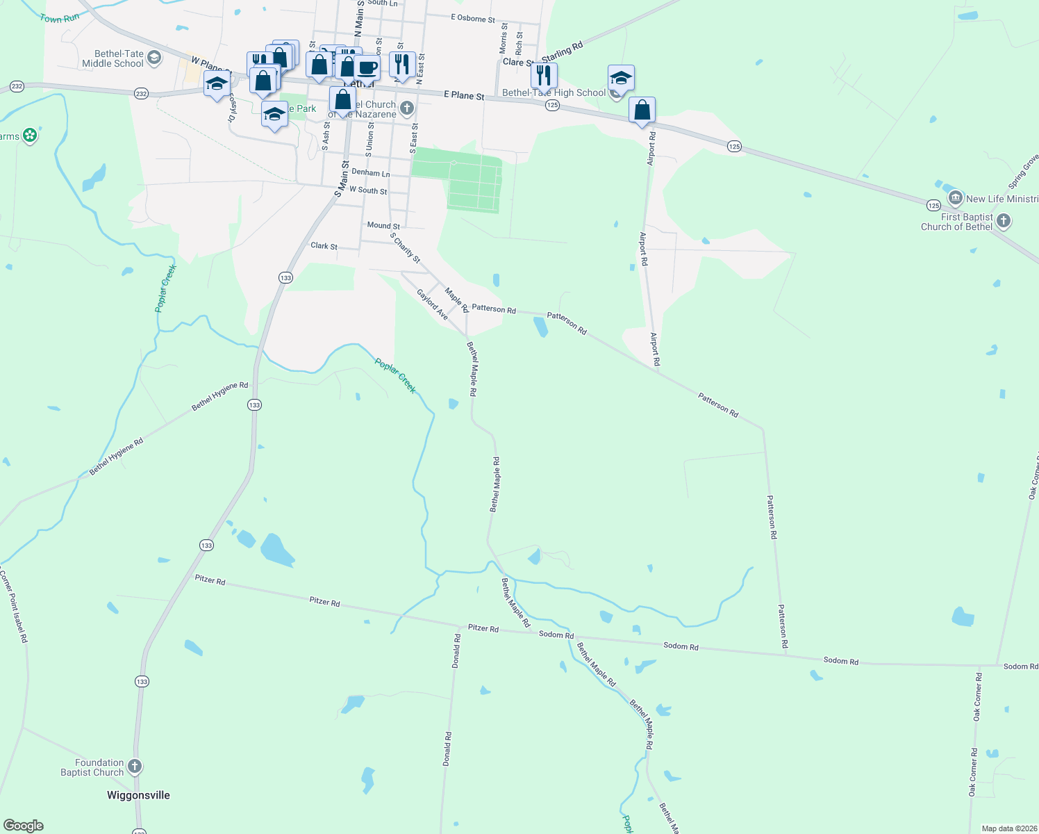 map of restaurants, bars, coffee shops, grocery stores, and more near 2506 Bethel Maple Rd in Bethel