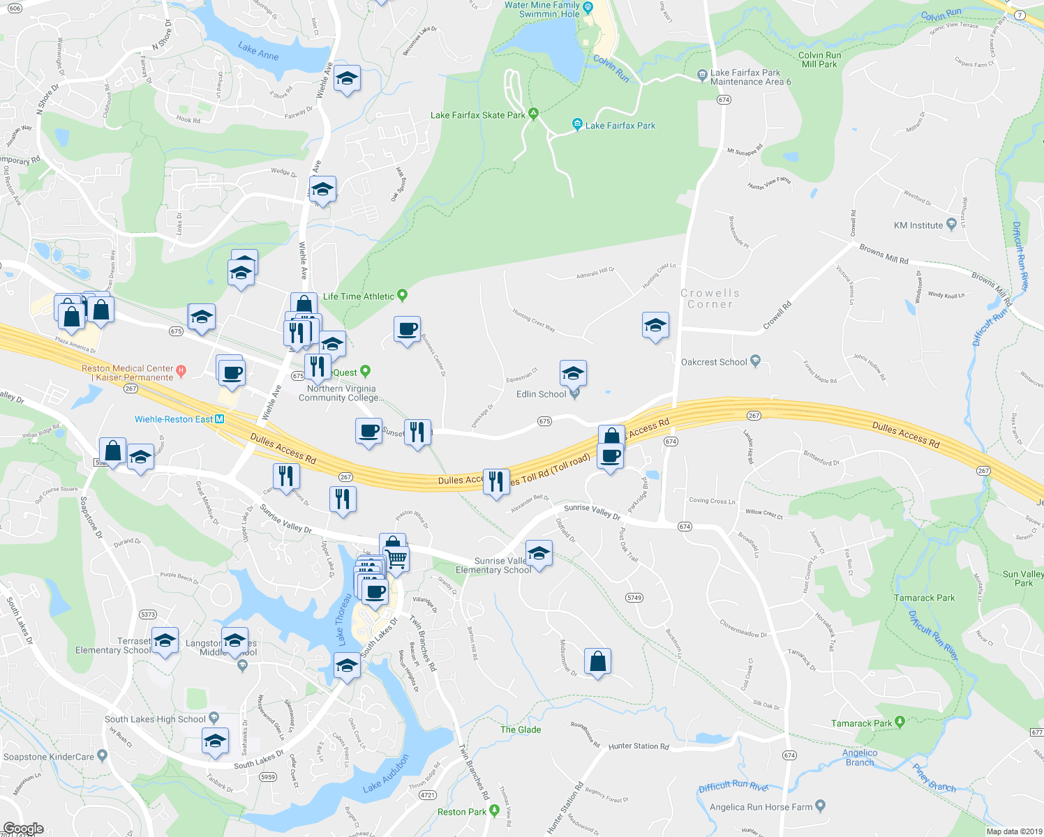 map of restaurants, bars, coffee shops, grocery stores, and more near 10900 Sunset Hills Road in Reston