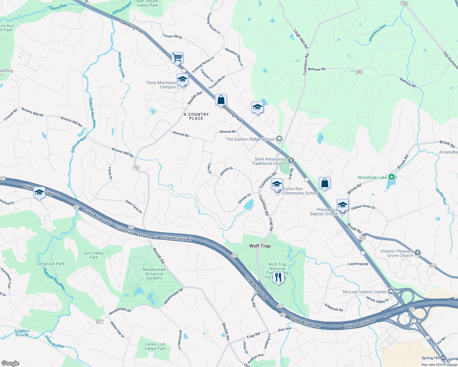 map of restaurants, bars, coffee shops, grocery stores, and more near 9412 Tuba Court in Vienna