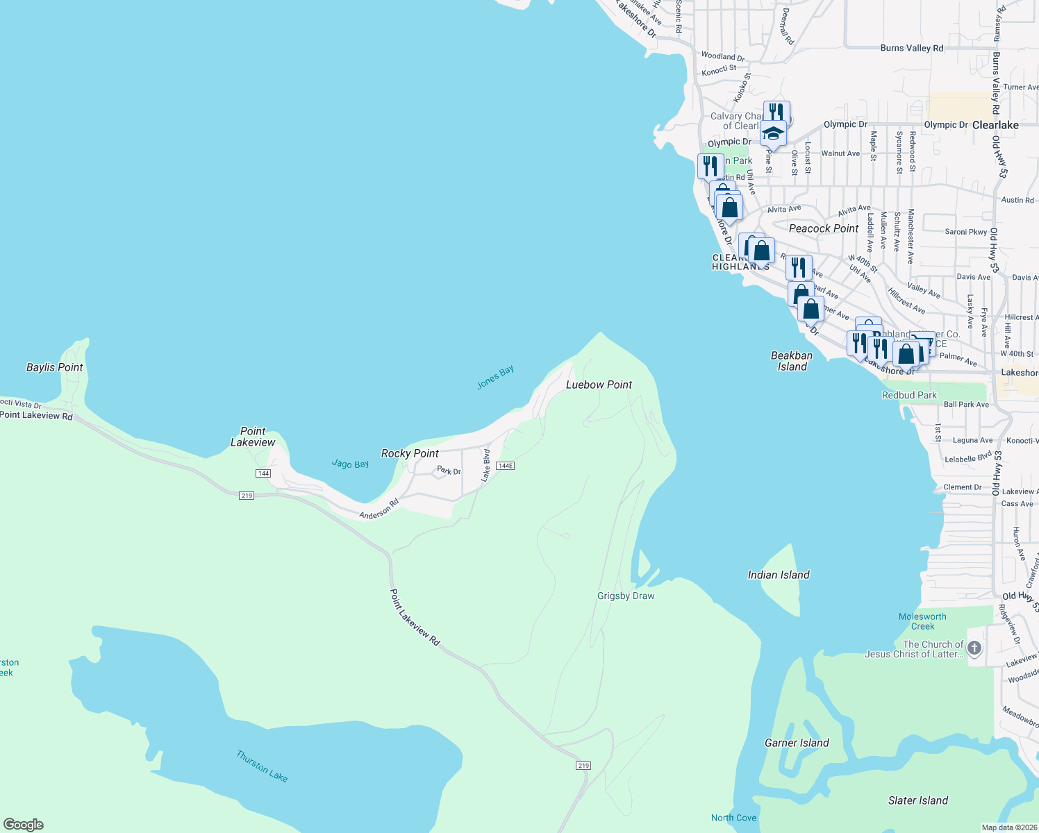 map of restaurants, bars, coffee shops, grocery stores, and more near 5191 Lake Boulevard in Lower Lake
