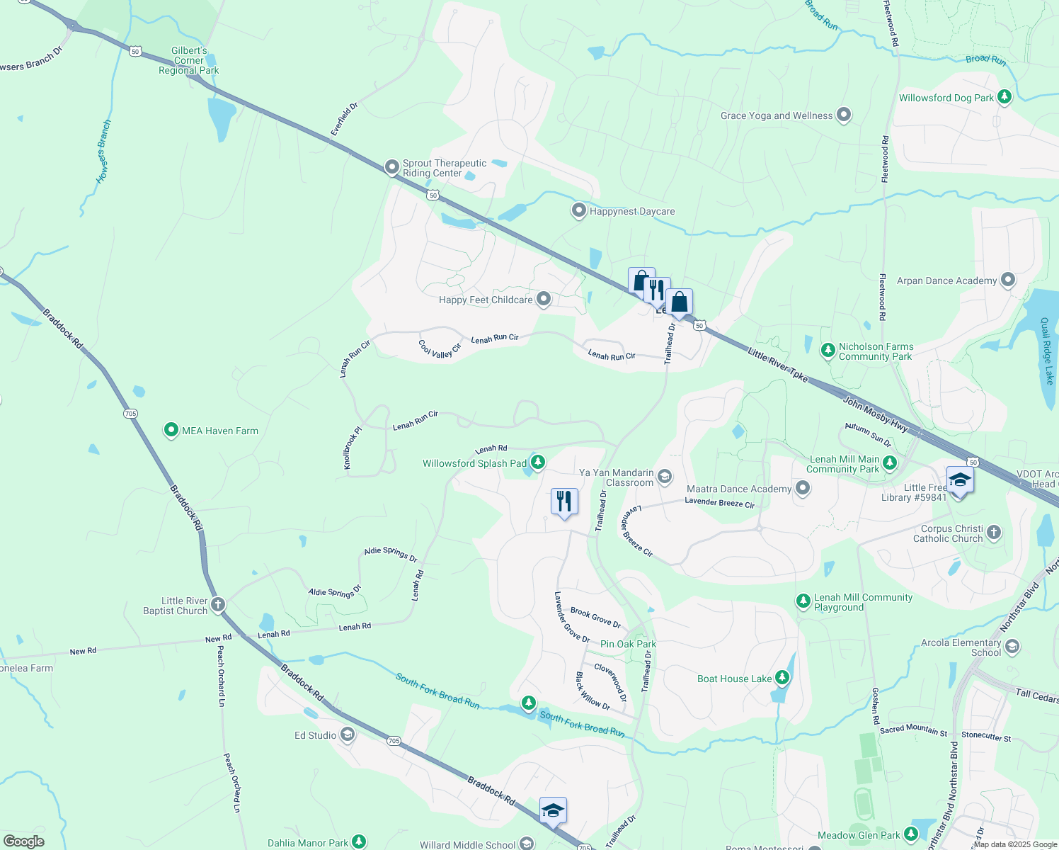 map of restaurants, bars, coffee shops, grocery stores, and more near 40440 Lenah Run Circle in Aldie