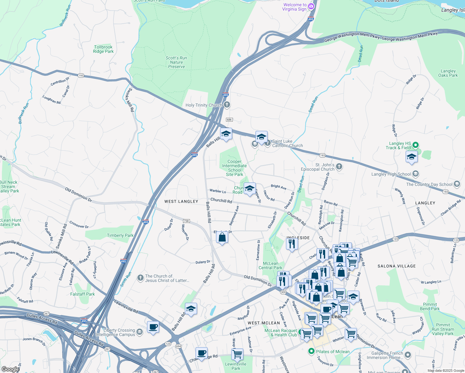 map of restaurants, bars, coffee shops, grocery stores, and more near 7113 Thrasher Road in McLean