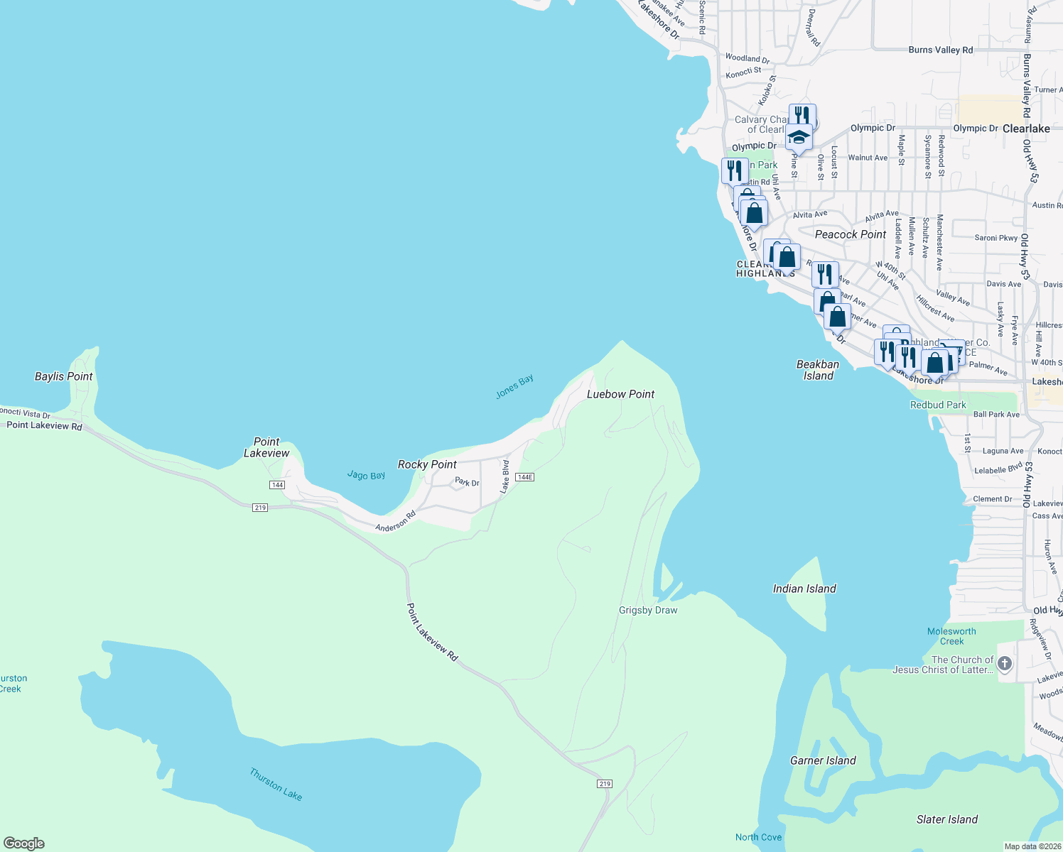 map of restaurants, bars, coffee shops, grocery stores, and more near 5191 Lake Boulevard in Lower Lake