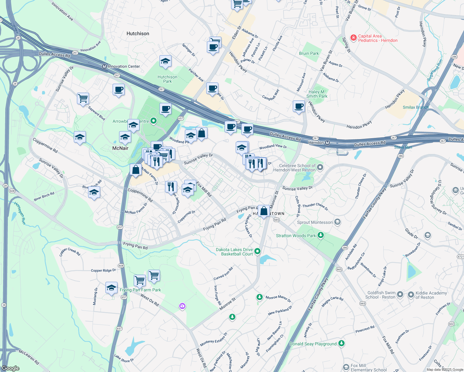 map of restaurants, bars, coffee shops, grocery stores, and more near 13028 Greg Roy Lane in Herndon