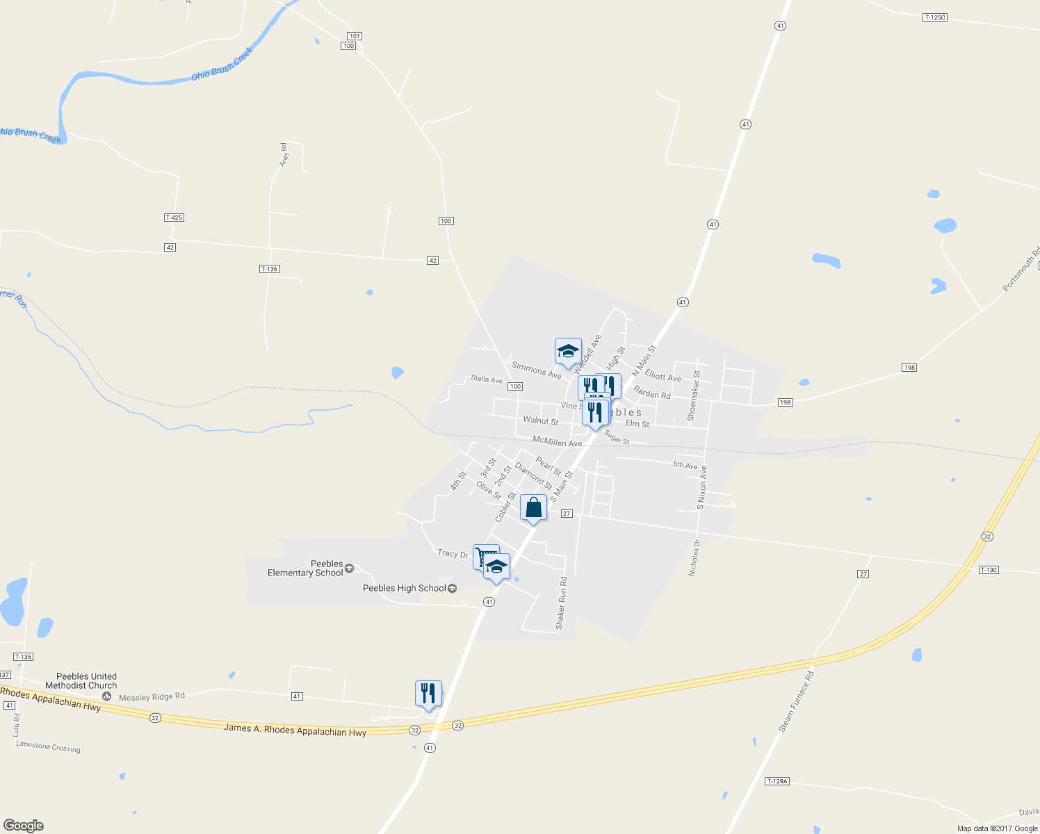 map of restaurants, bars, coffee shops, grocery stores, and more near 152 Walnut Street in Peebles