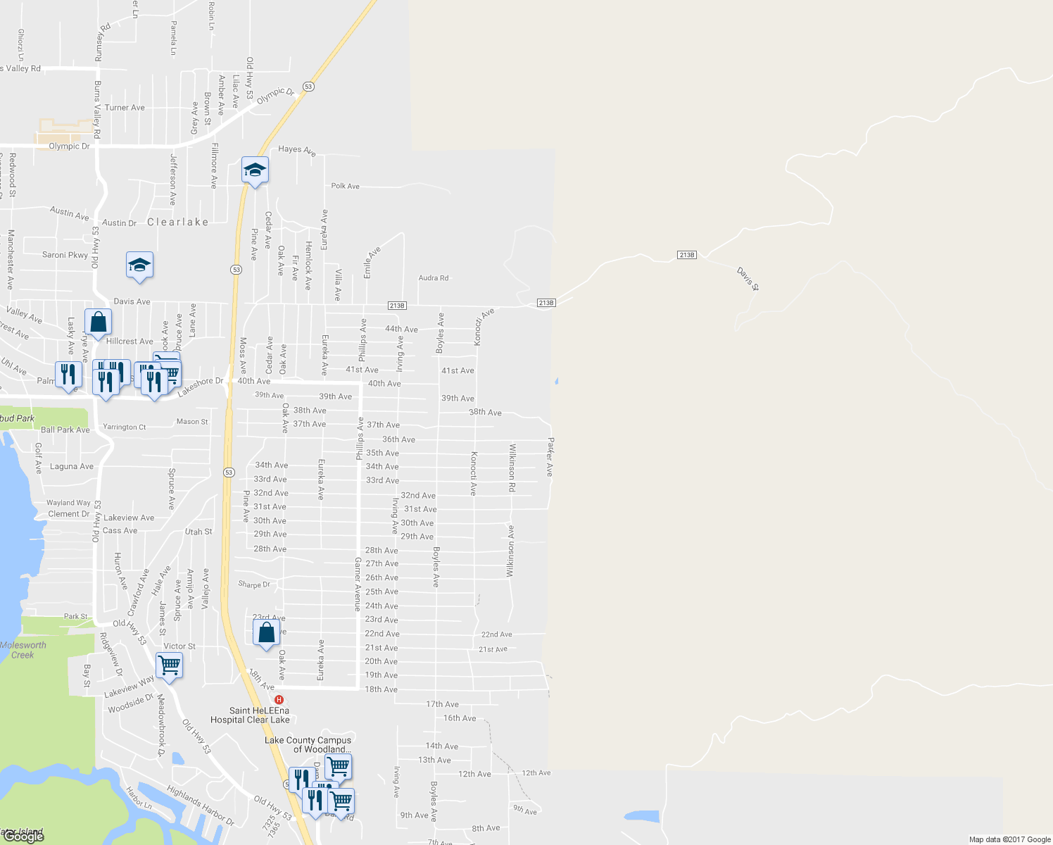 map of restaurants, bars, coffee shops, grocery stores, and more near 16422 37th Avenue in Clearlake