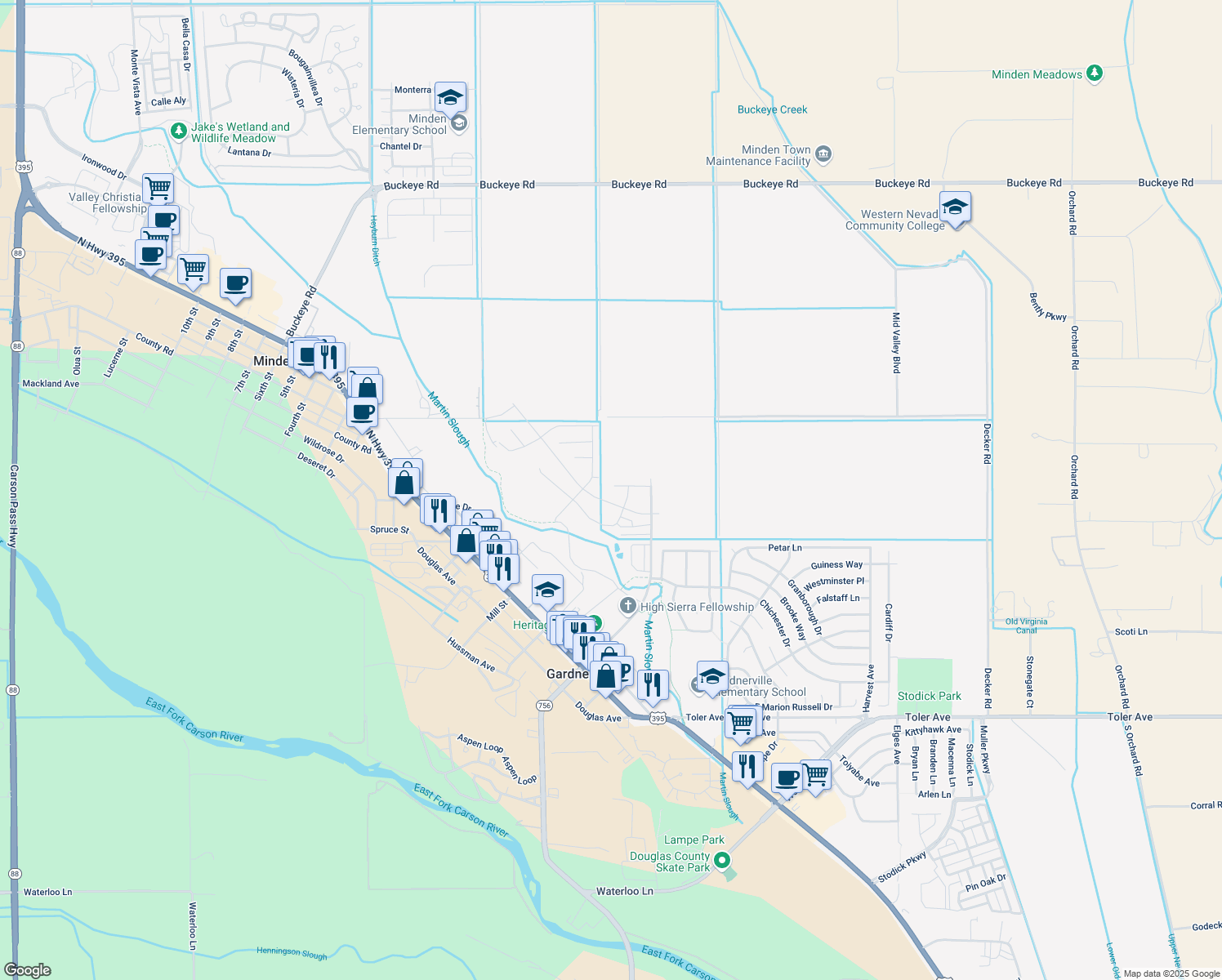 map of restaurants, bars, coffee shops, grocery stores, and more near 1243 Ox Yoke Court in Gardnerville