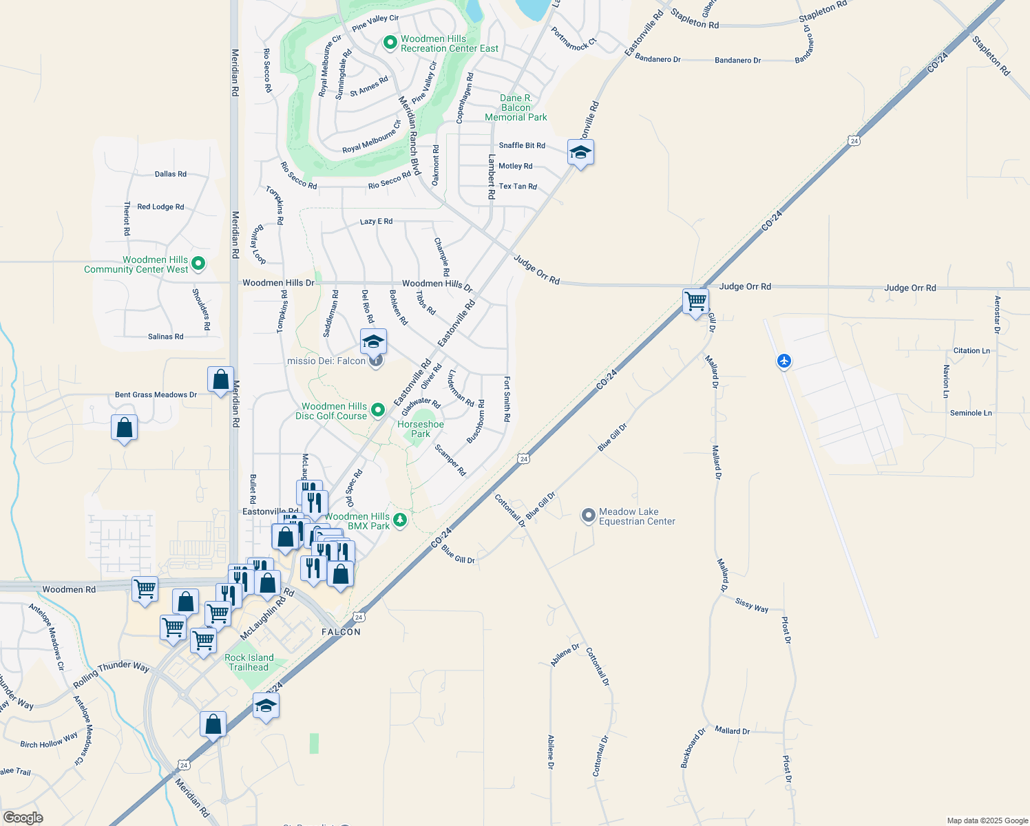 map of restaurants, bars, coffee shops, grocery stores, and more near 8107 Fort Smith Rd in Peyton