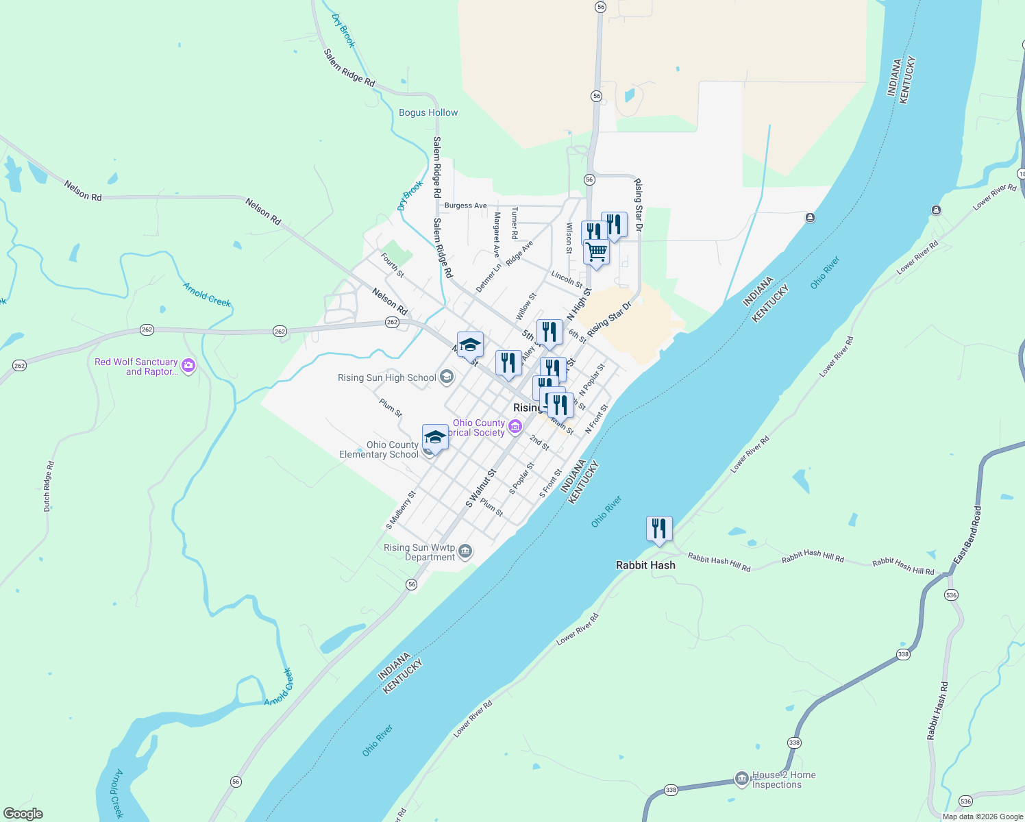 map of restaurants, bars, coffee shops, grocery stores, and more near 121 S High St in Rising Sun