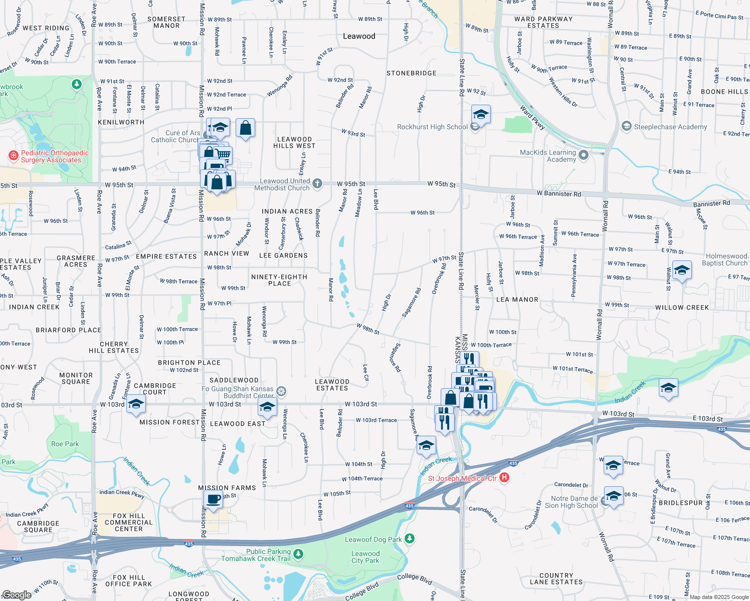 map of restaurants, bars, coffee shops, grocery stores, and more near 9717 Lee Boulevard in Leawood