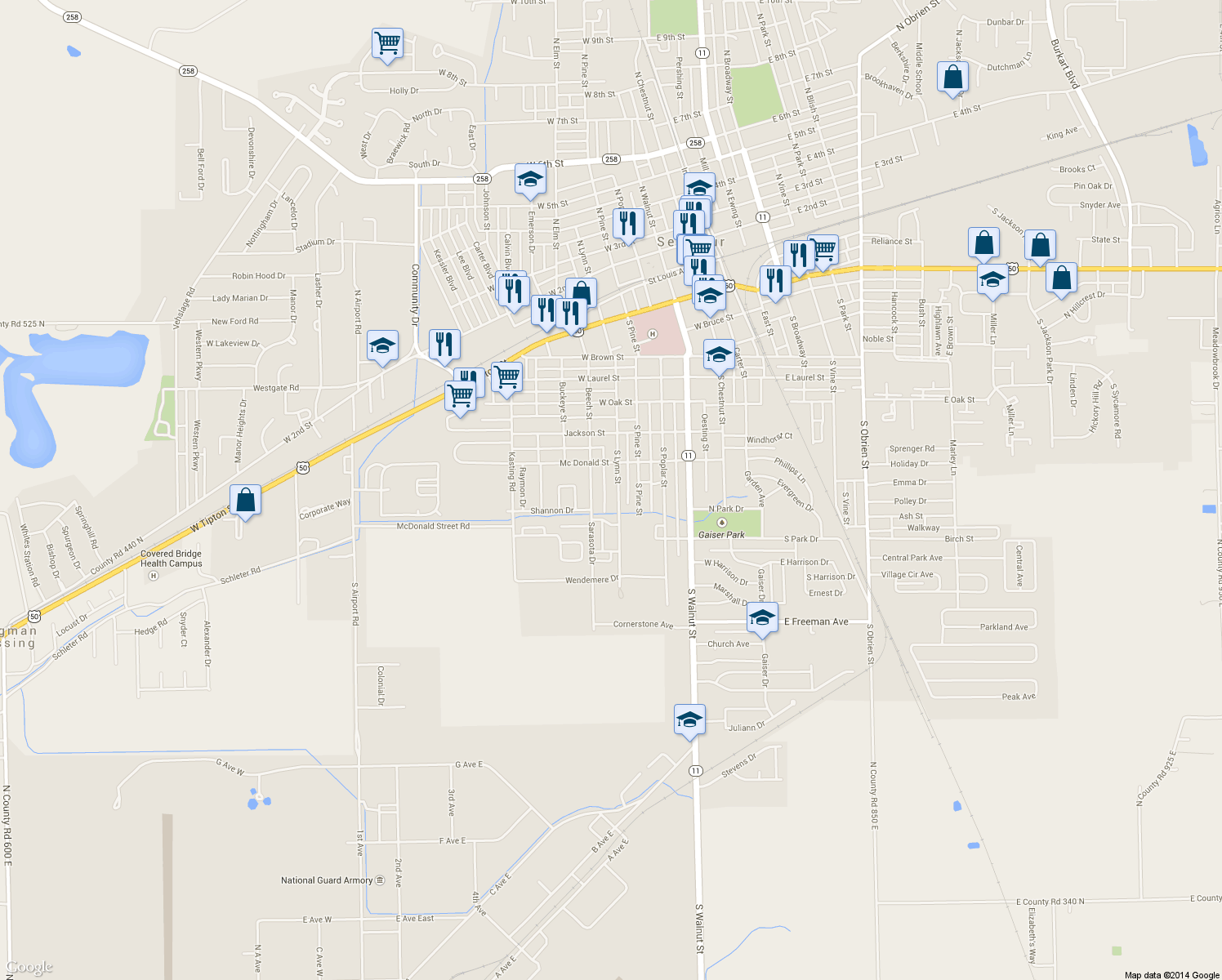 map of restaurants, bars, coffee shops, grocery stores, and more near 822 S Lynn St in Seymour