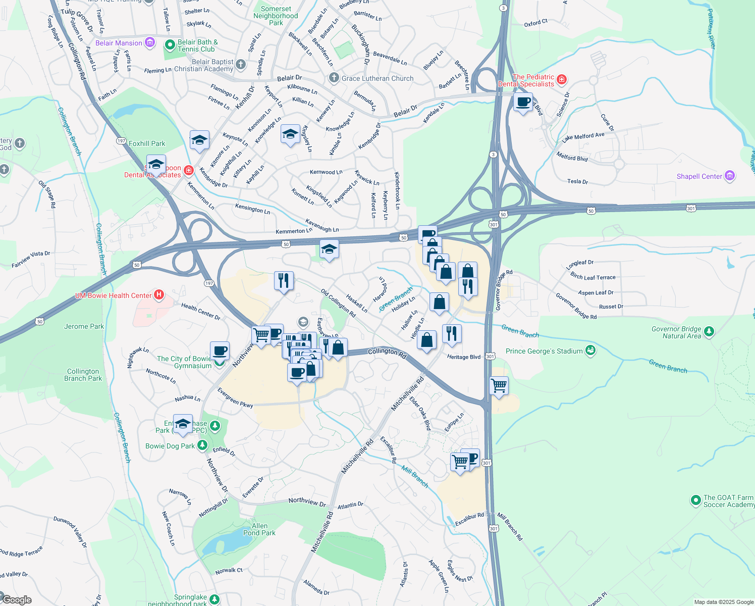 map of restaurants, bars, coffee shops, grocery stores, and more near 2207 Harwood Lane in Bowie