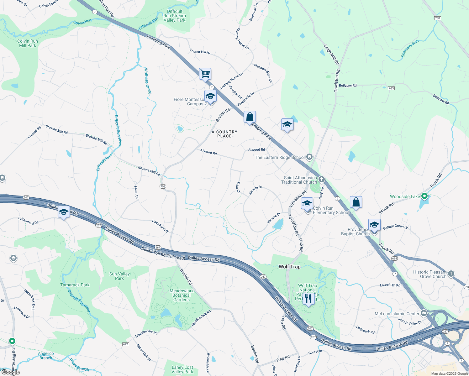 map of restaurants, bars, coffee shops, grocery stores, and more near 9500 Laurlin Court in Vienna
