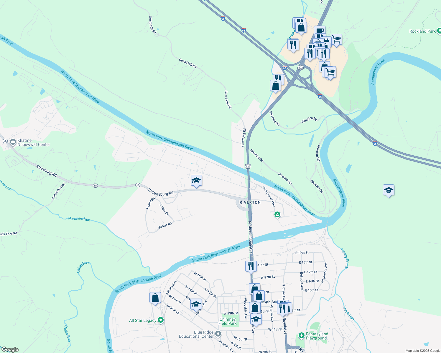 map of restaurants, bars, coffee shops, grocery stores, and more near 152 West Duck Street in Front Royal