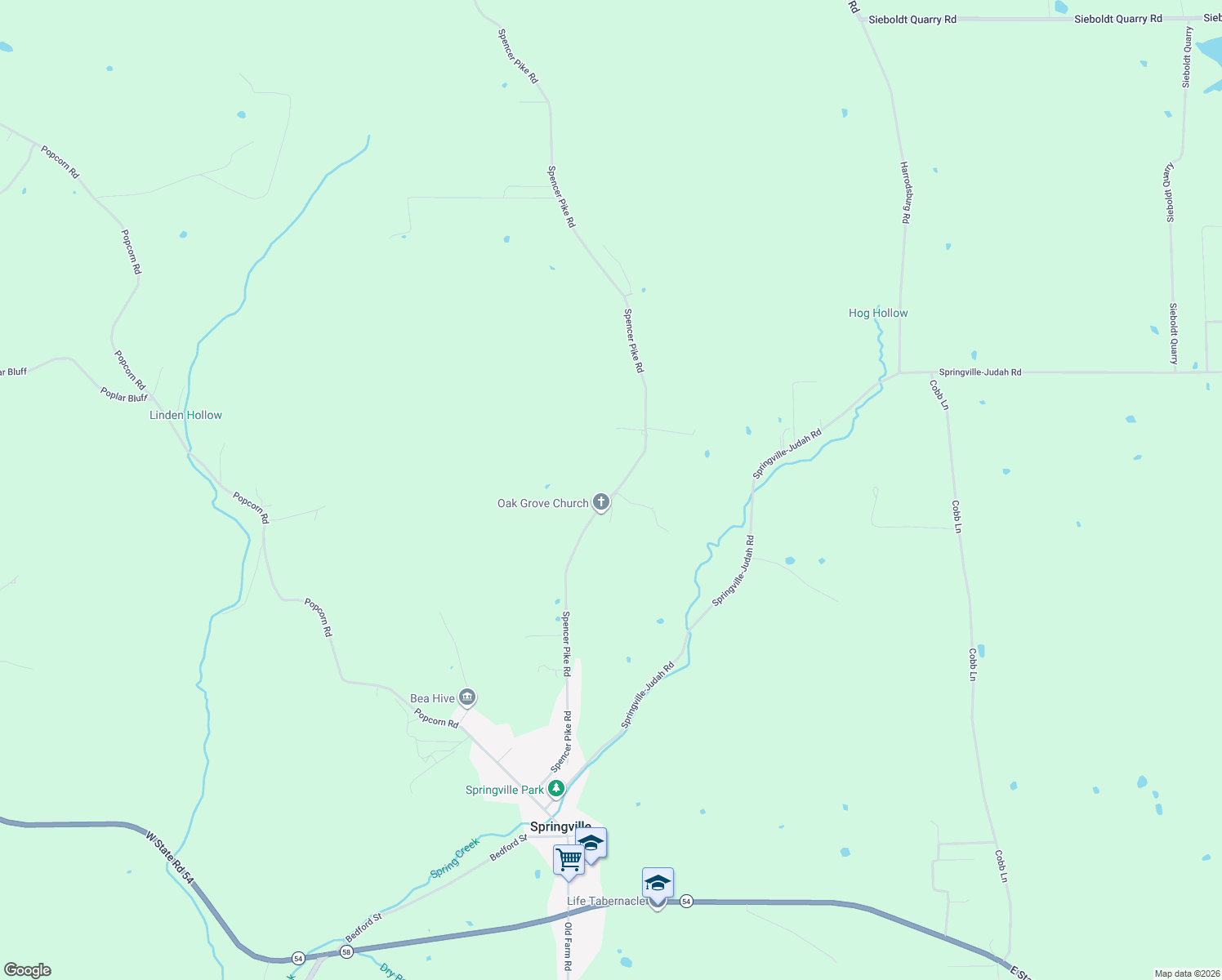 map of restaurants, bars, coffee shops, grocery stores, and more near 939 Spencer Pike Road in Springville