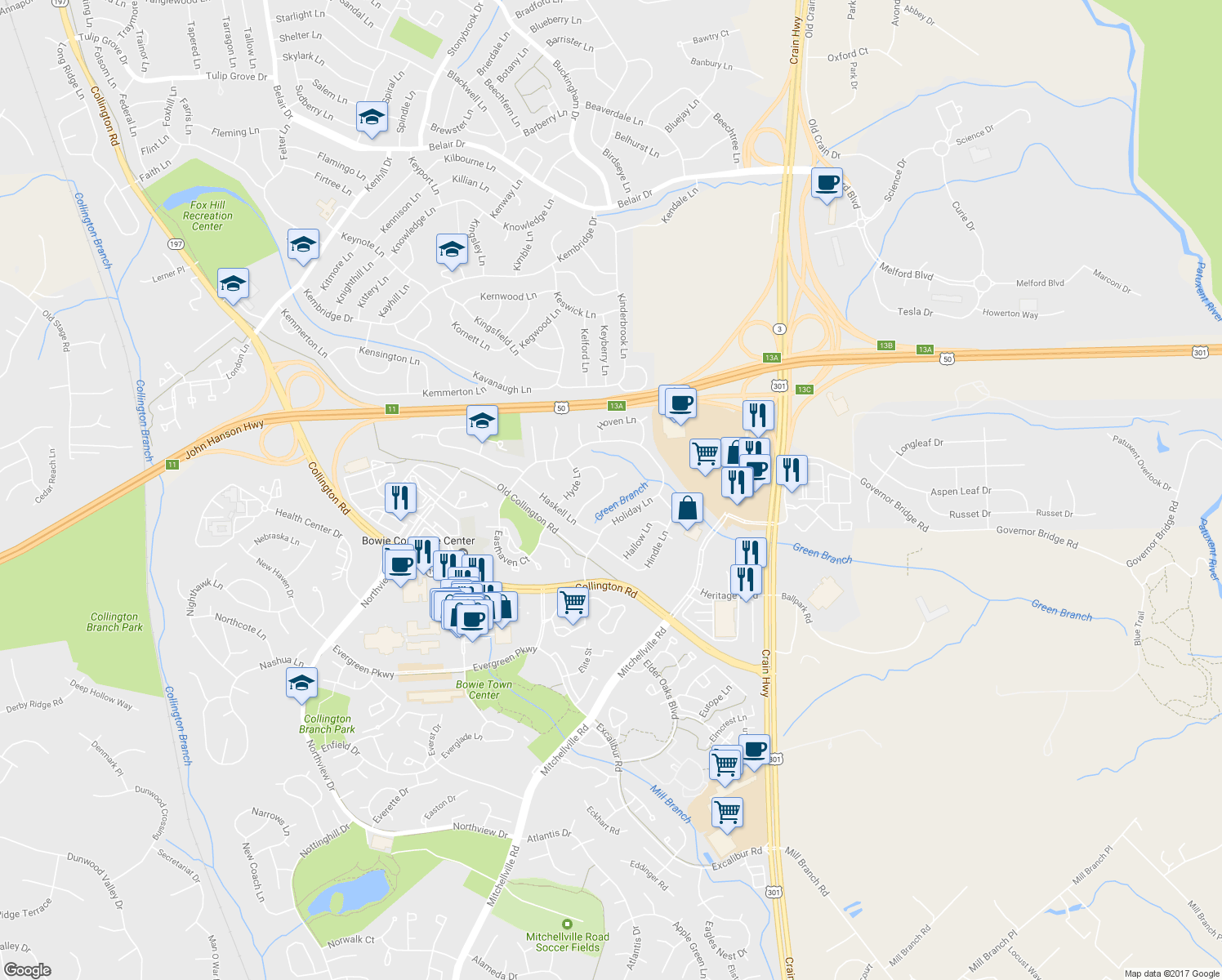 map of restaurants, bars, coffee shops, grocery stores, and more near 2217 Harwood Lane in Bowie