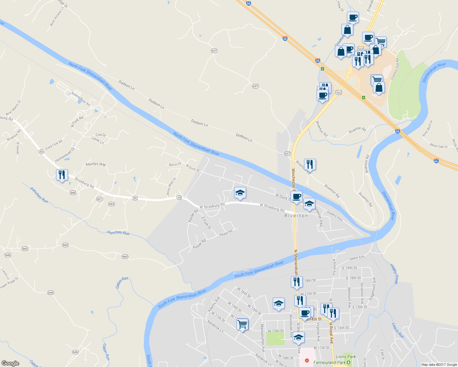 map of restaurants, bars, coffee shops, grocery stores, and more near 307 West Duck Street in Front Royal