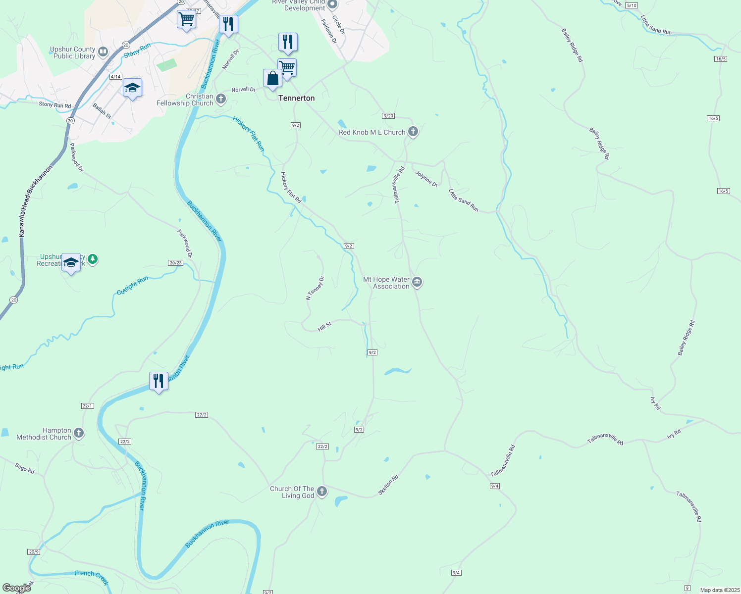 map of restaurants, bars, coffee shops, grocery stores, and more near 99 Hickory Flat Rd in Buckhannon