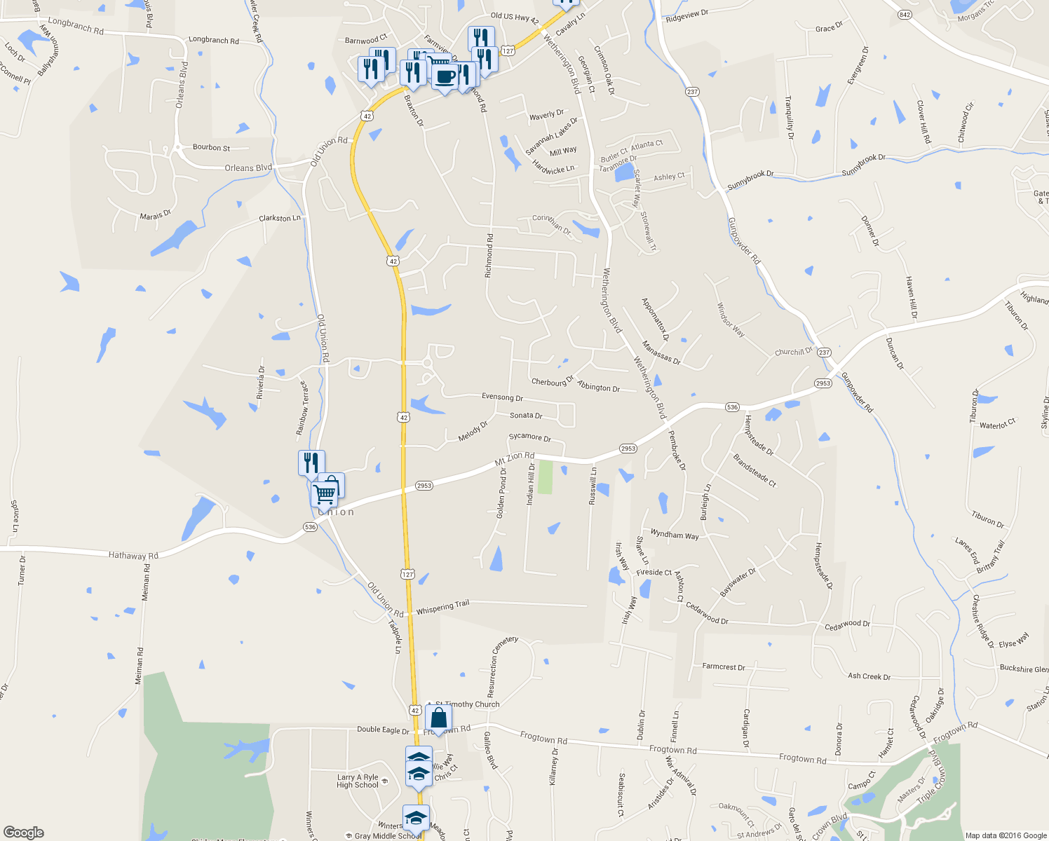 map of restaurants, bars, coffee shops, grocery stores, and more near 3841 Sonata Dr in Union