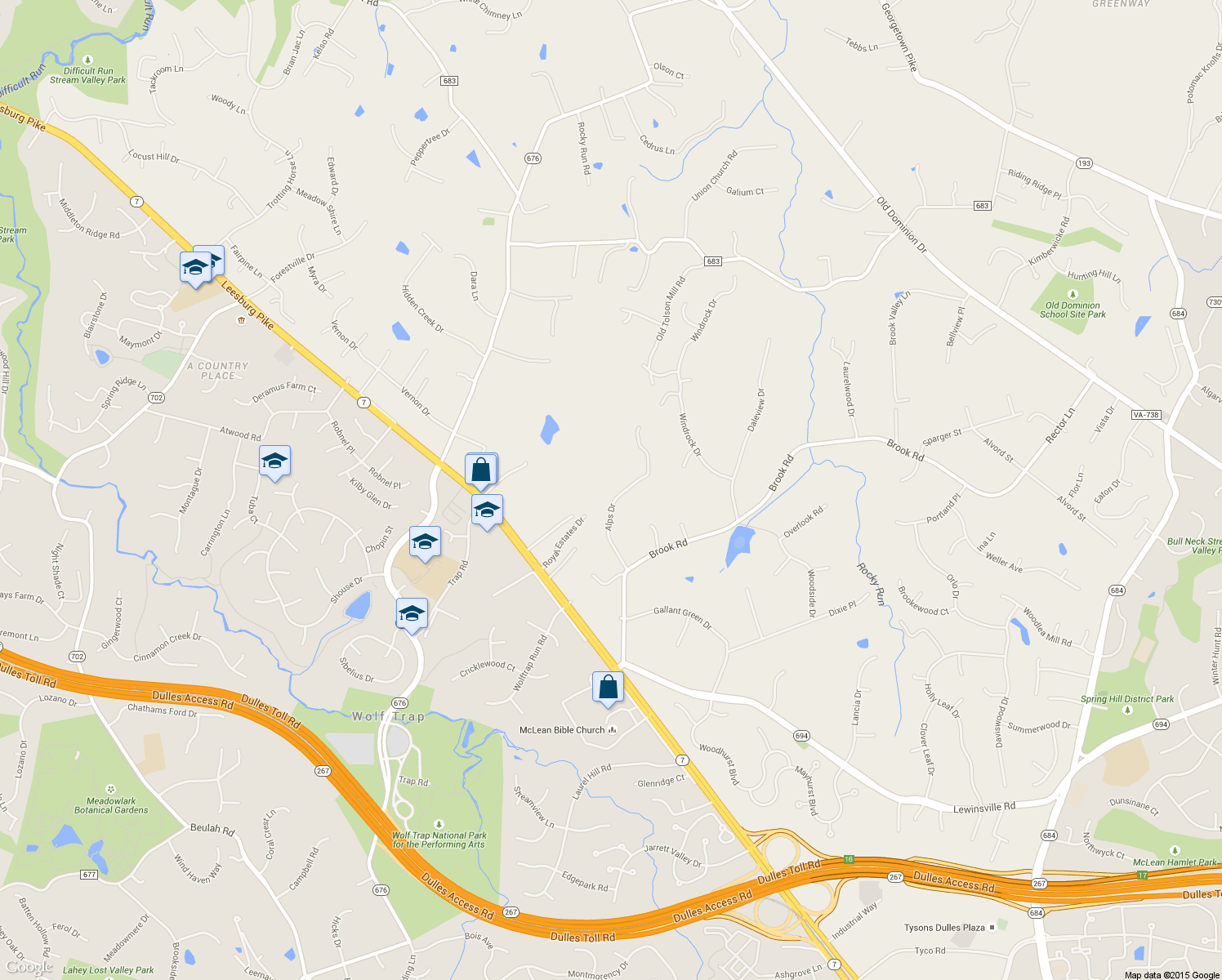 map of restaurants, bars, coffee shops, grocery stores, and more near 1306 Alps Drive in McLean