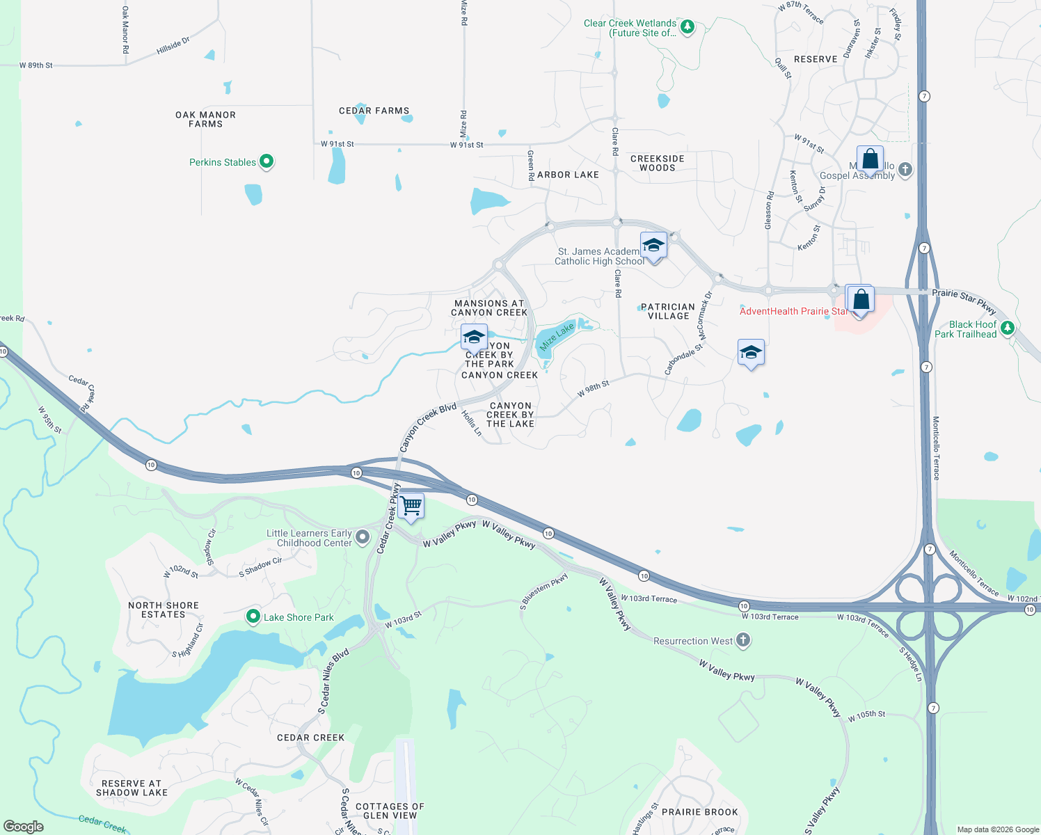 map of restaurants, bars, coffee shops, grocery stores, and more near West 98th Street in Lenexa
