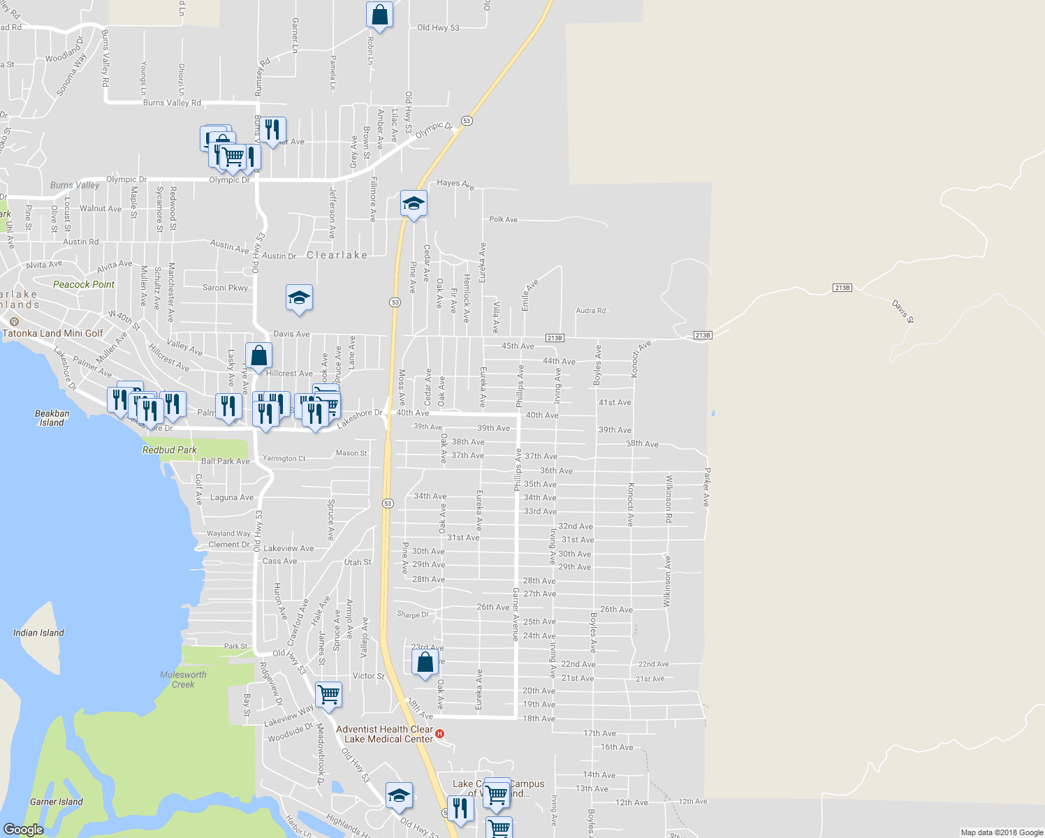 map of restaurants, bars, coffee shops, grocery stores, and more near 15903 40th Avenue in Clearlake