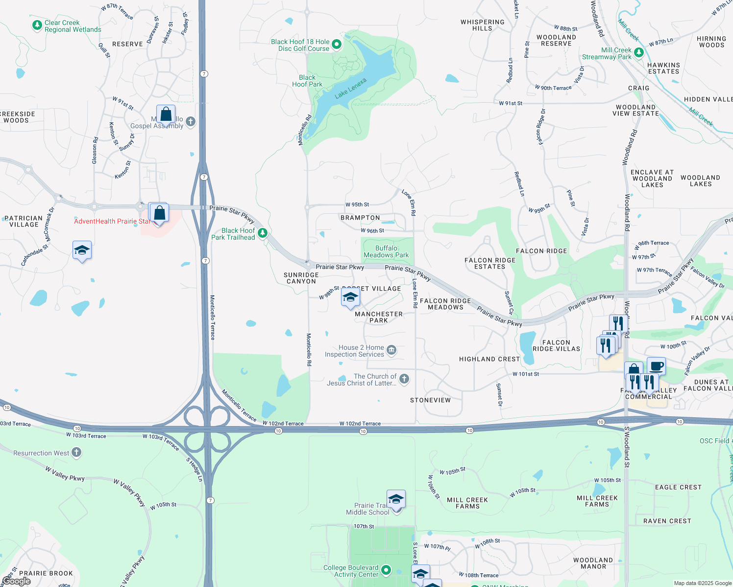 map of restaurants, bars, coffee shops, grocery stores, and more near 9815 Prairie Creek Rd in Lenexa