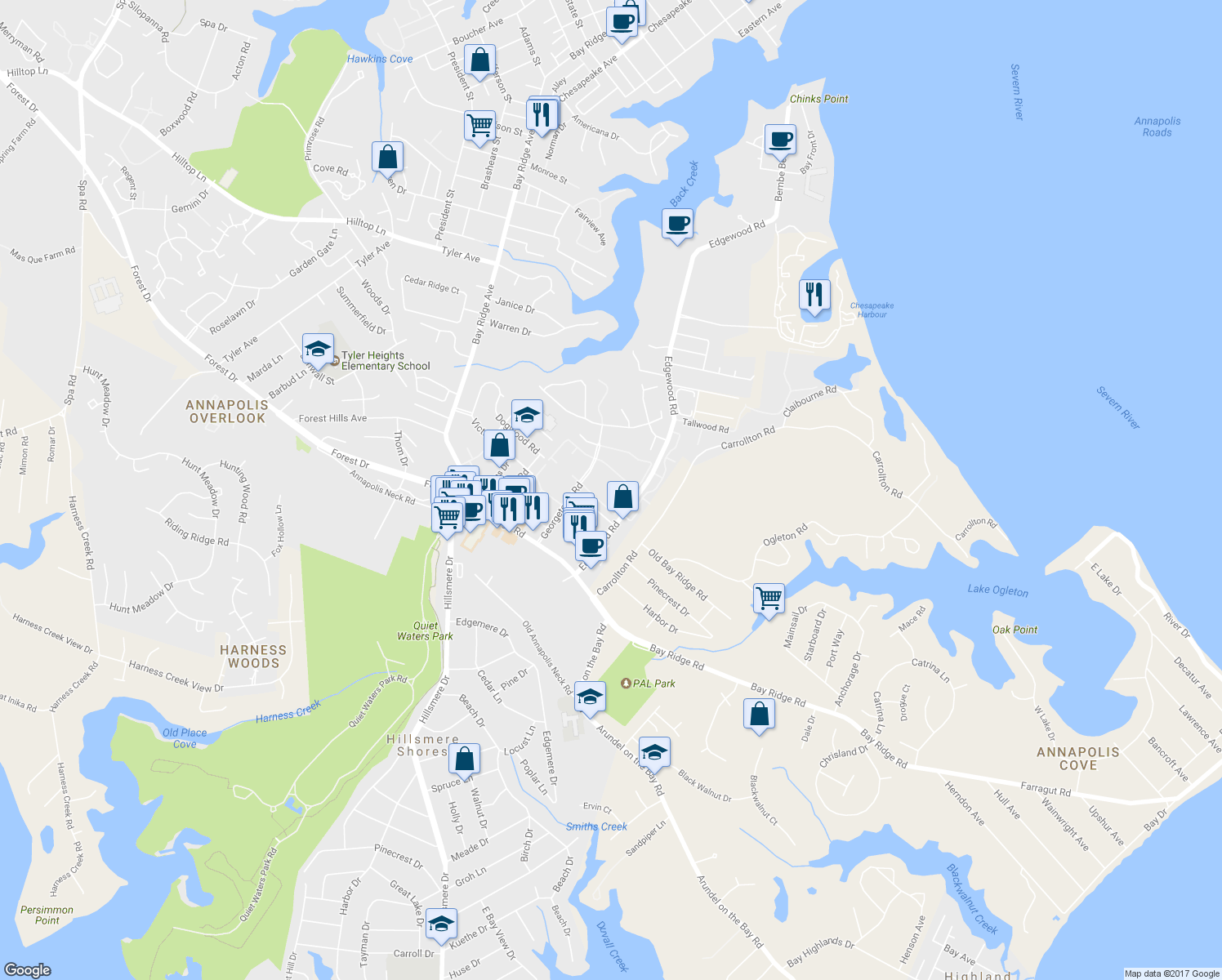 map of restaurants, bars, coffee shops, grocery stores, and more near 12 Silverwood Circle in Annapolis