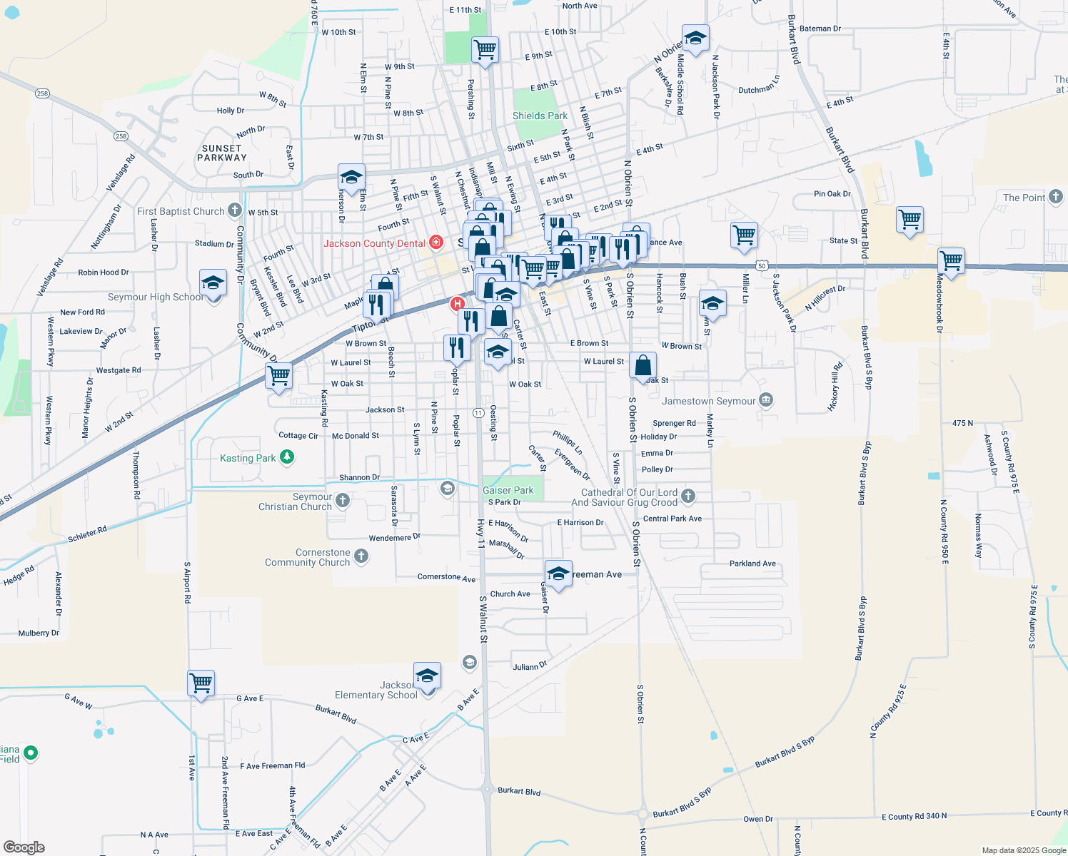 map of restaurants, bars, coffee shops, grocery stores, and more near 801 Garden Avenue in Seymour