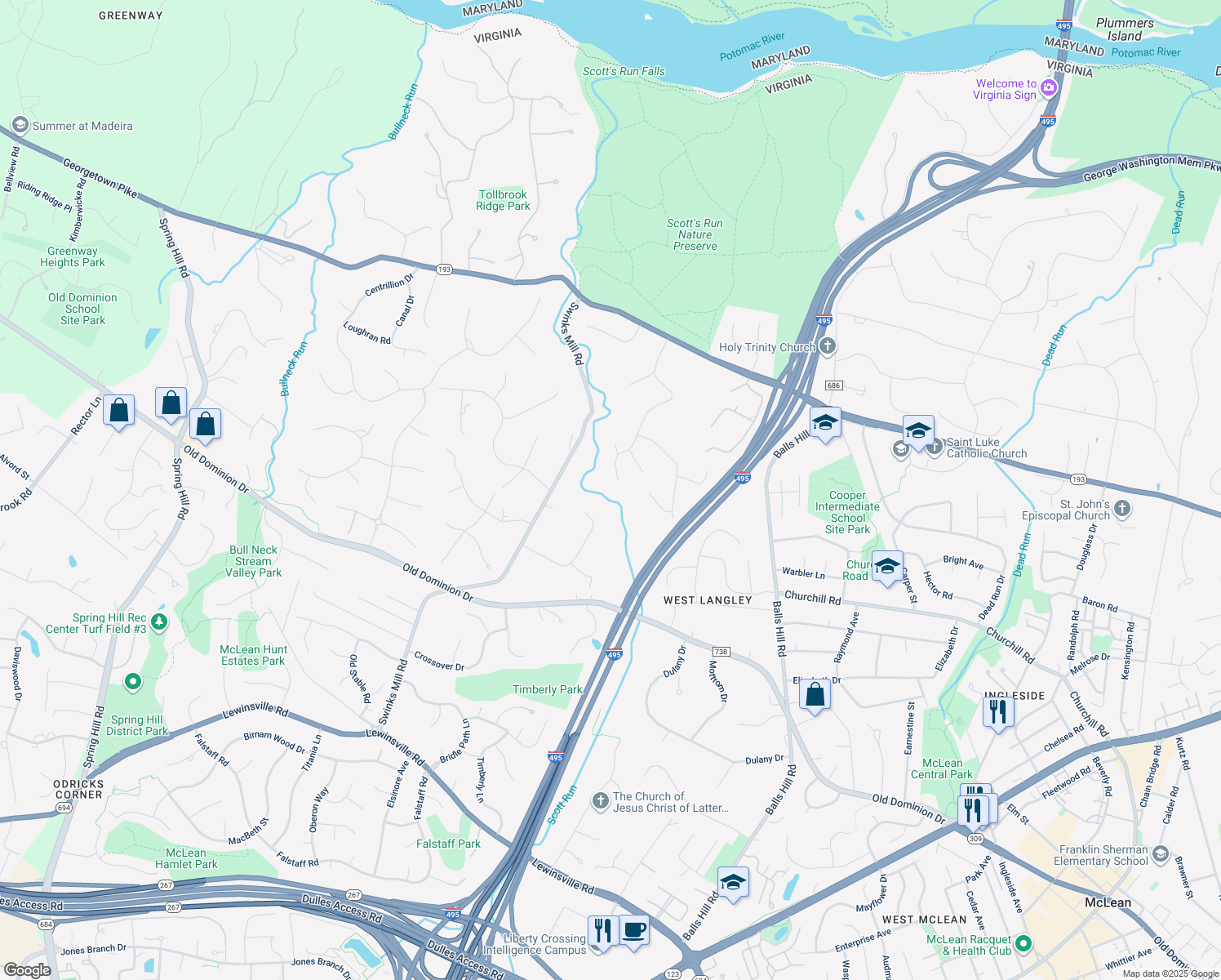 map of restaurants, bars, coffee shops, grocery stores, and more near 988 Saigon Road in McLean