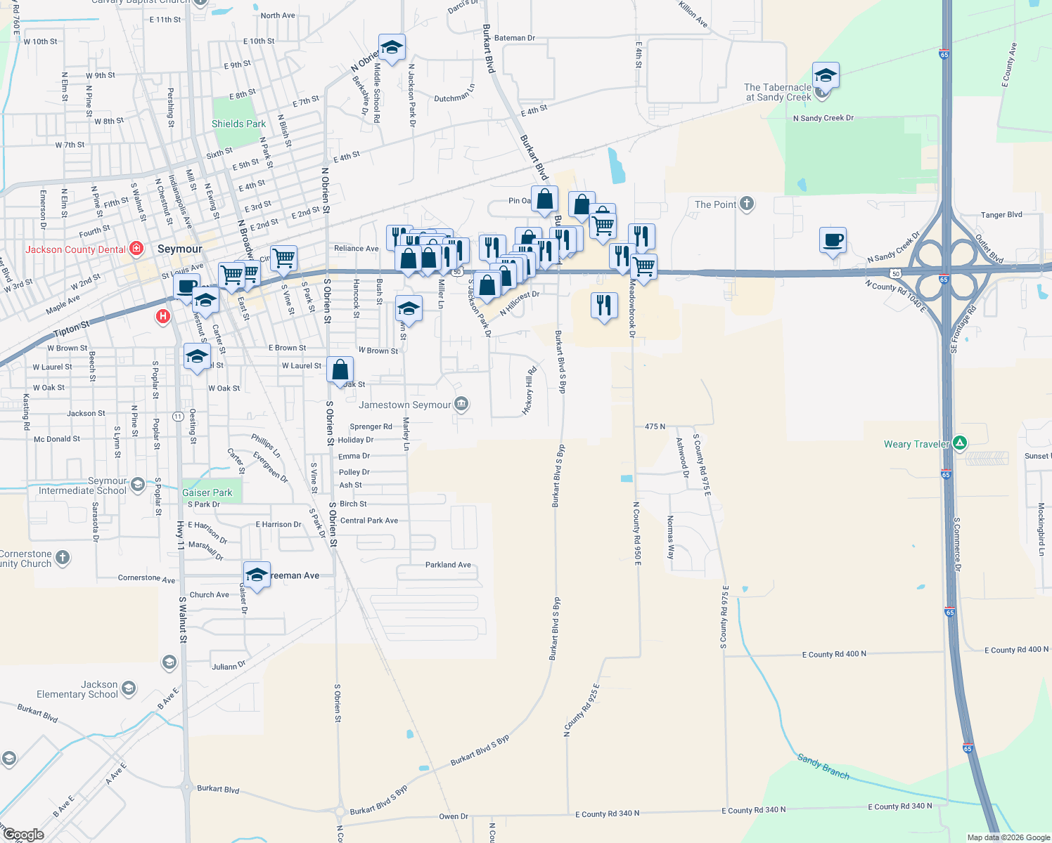 map of restaurants, bars, coffee shops, grocery stores, and more near 1220 Hickory Hill Rd in Seymour