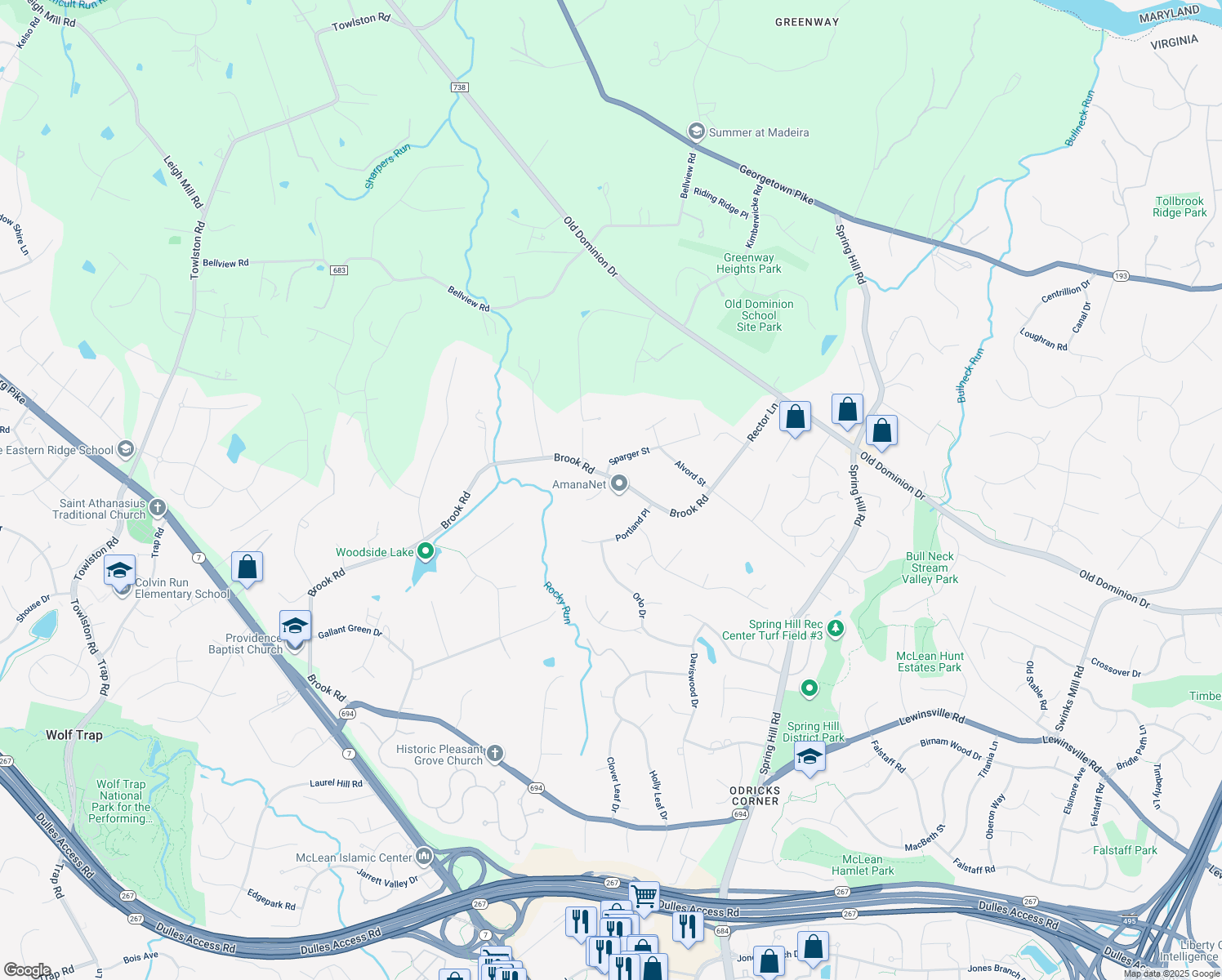 map of restaurants, bars, coffee shops, grocery stores, and more near 8463 Brook Road in McLean