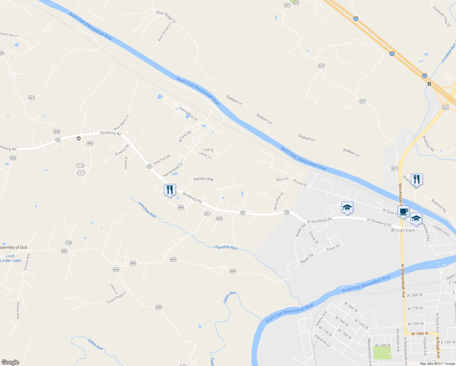 map of restaurants, bars, coffee shops, grocery stores, and more near 379 Mandys Way in Front Royal
