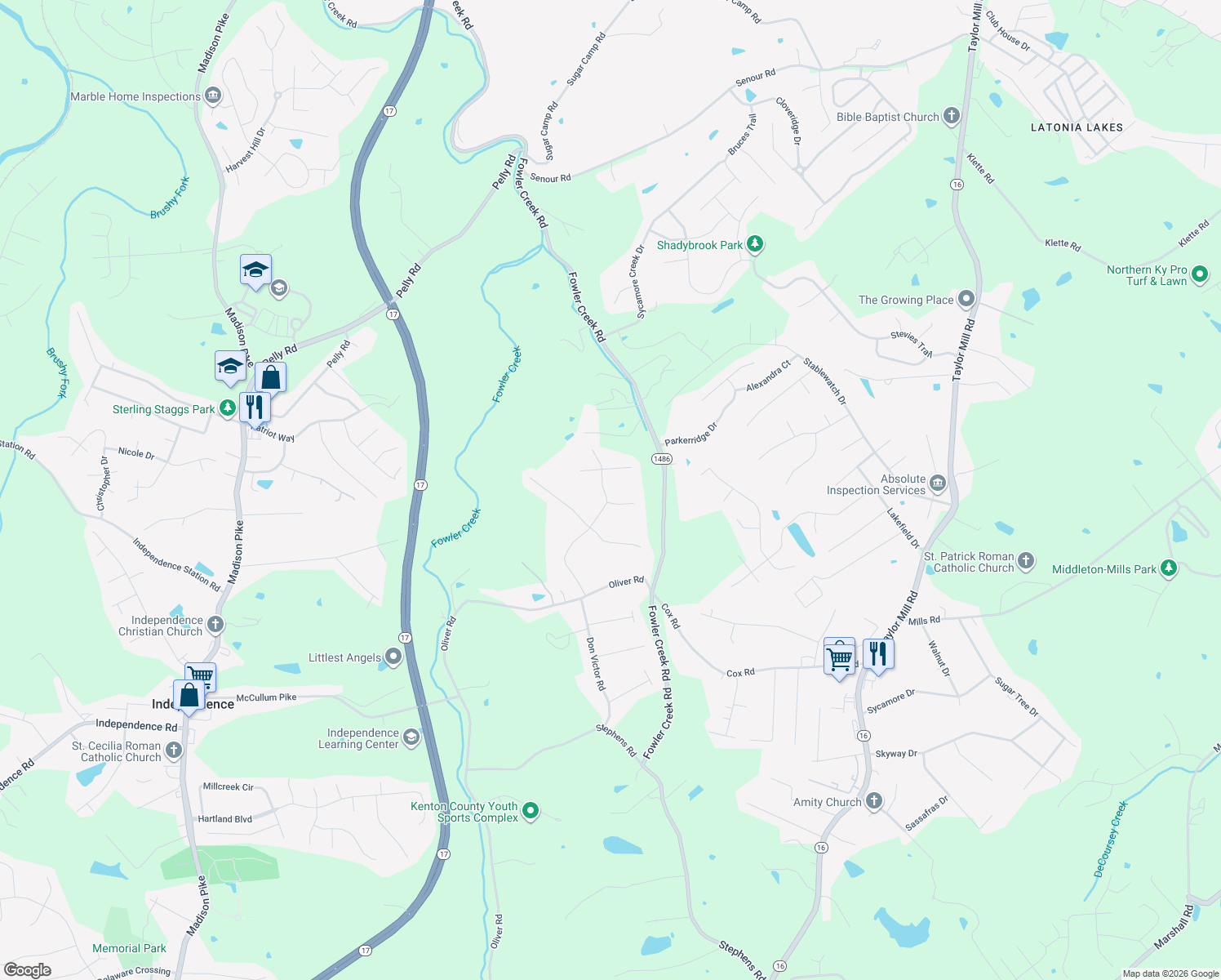map of restaurants, bars, coffee shops, grocery stores, and more near 5302 Midnight Run in Independence
