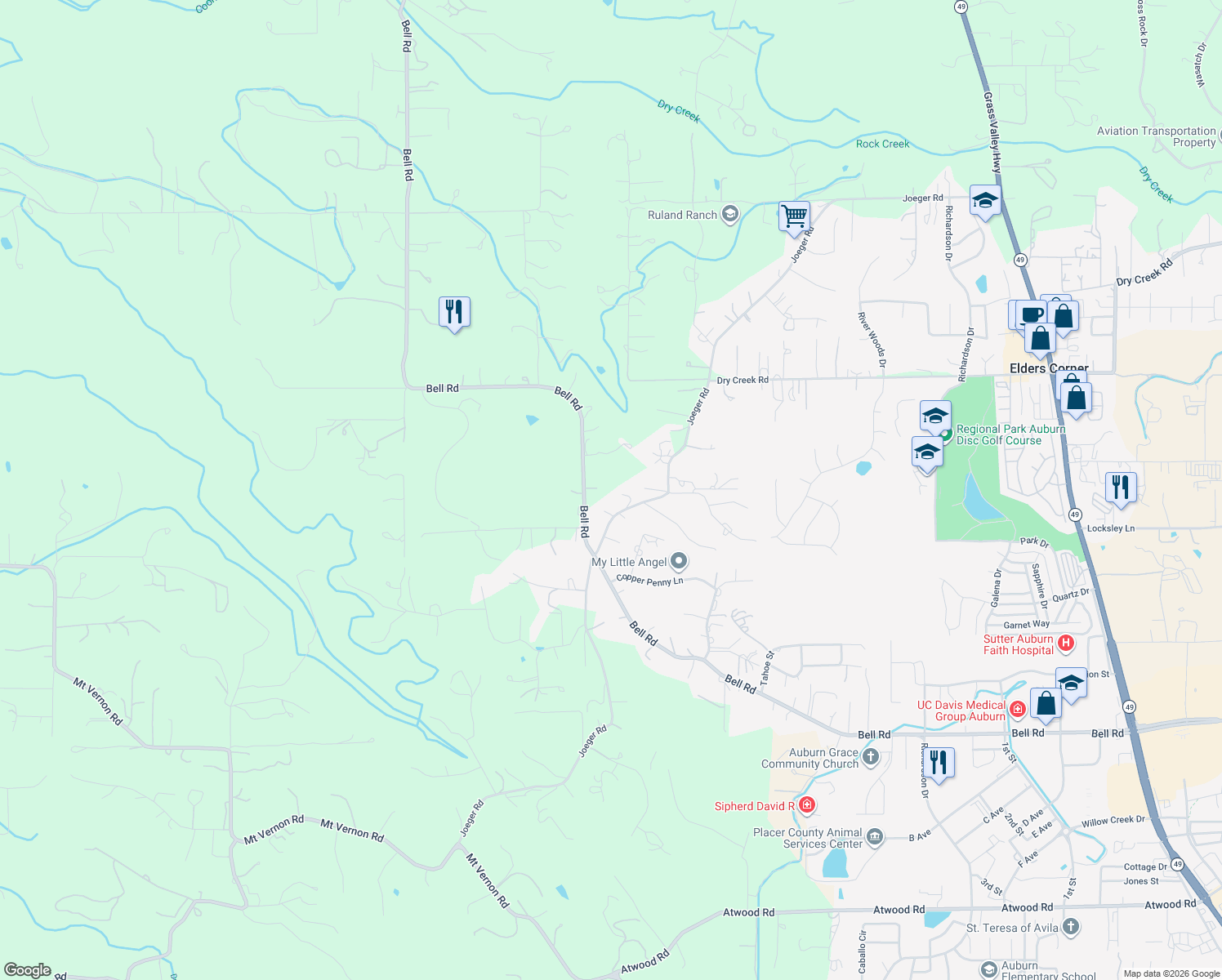 map of restaurants, bars, coffee shops, grocery stores, and more near 4100 Bell Road in Auburn