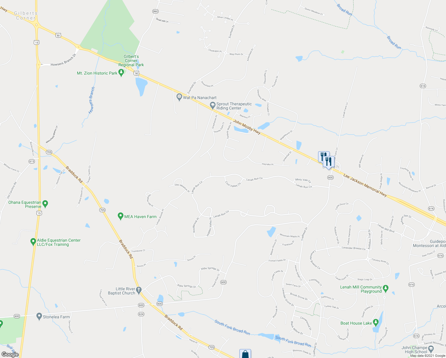 map of restaurants, bars, coffee shops, grocery stores, and more near 40655 Lenah Run Circle in Aldie